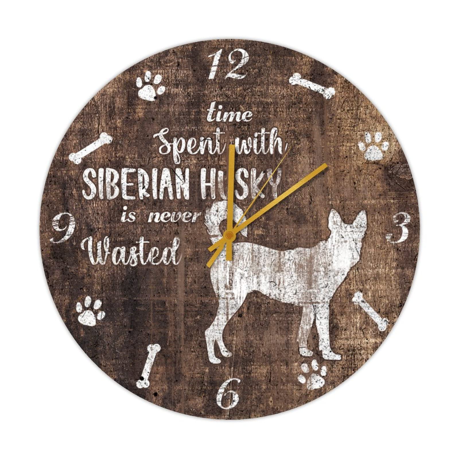 Horloge vintage Husky Sibérien bois ronde 38cm pendule murale silencieuse pour cuisine et bureau