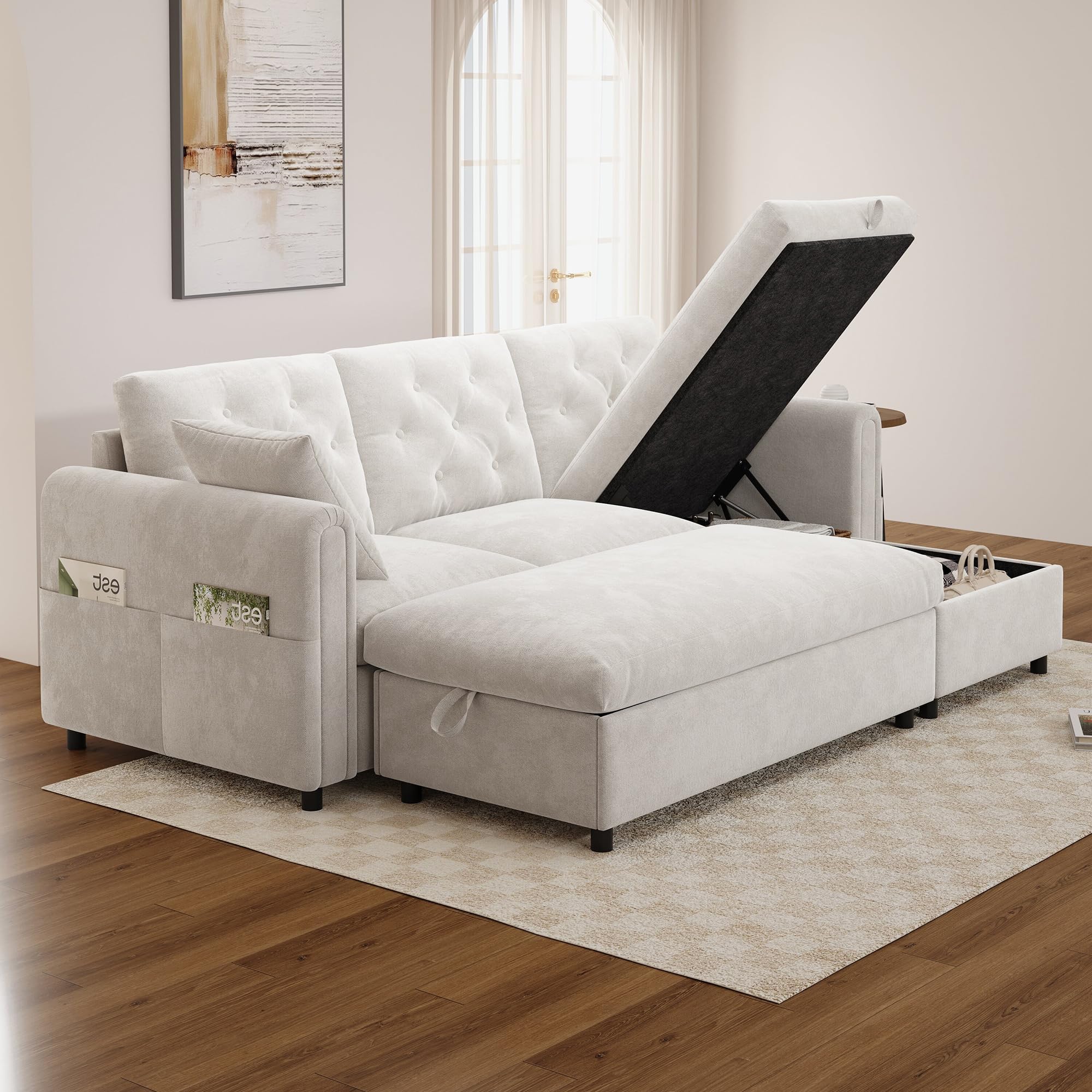 Moimhear Sofá de terciopelo con chaise longue intercambiable, color beige, 219 x 131 x 86 cm, reposapiés, bolsillos para revistas, cierre con botones