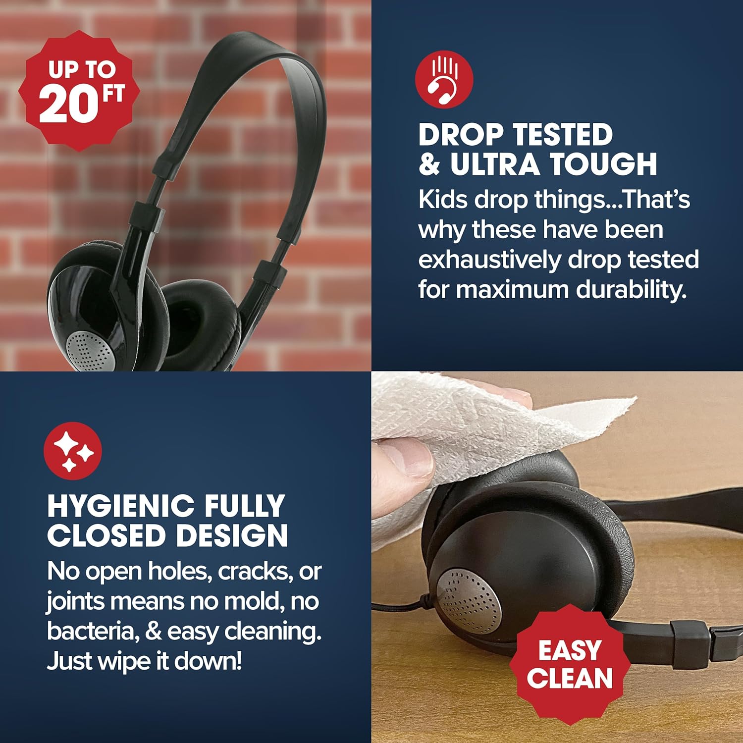Image showing headphones being drop-tested and a hand cleaning the earcups