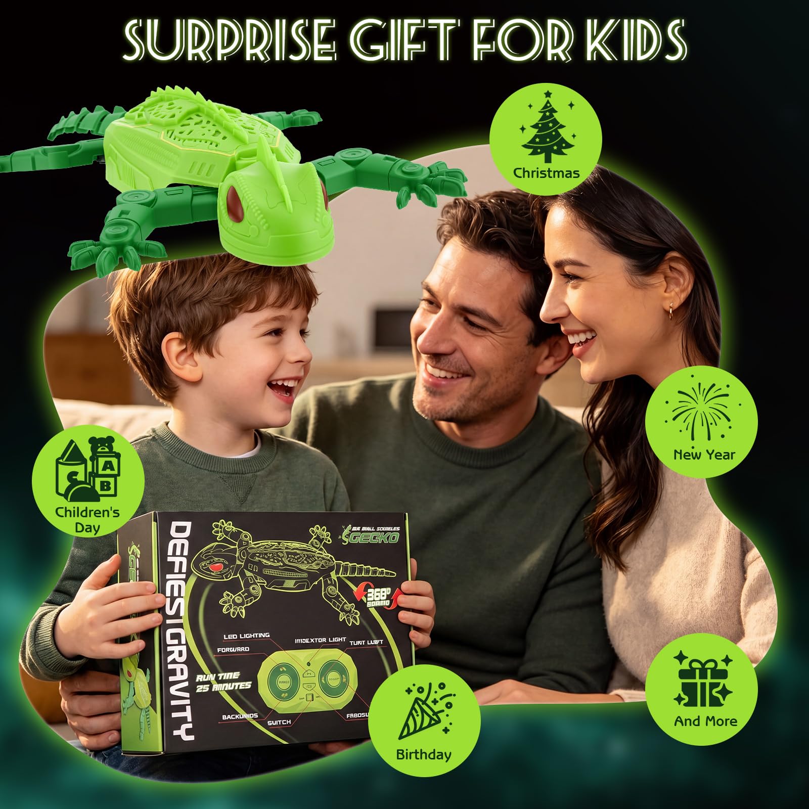 Gecko Wandflitzer, Wandflitzer Gecko Spielzeug, 360° Rotation Ferngesteuerter Eidechse Wand Klettern mit Leuchtenden Led-Augen, Geburtstags Kinder Ab 3 Jahren