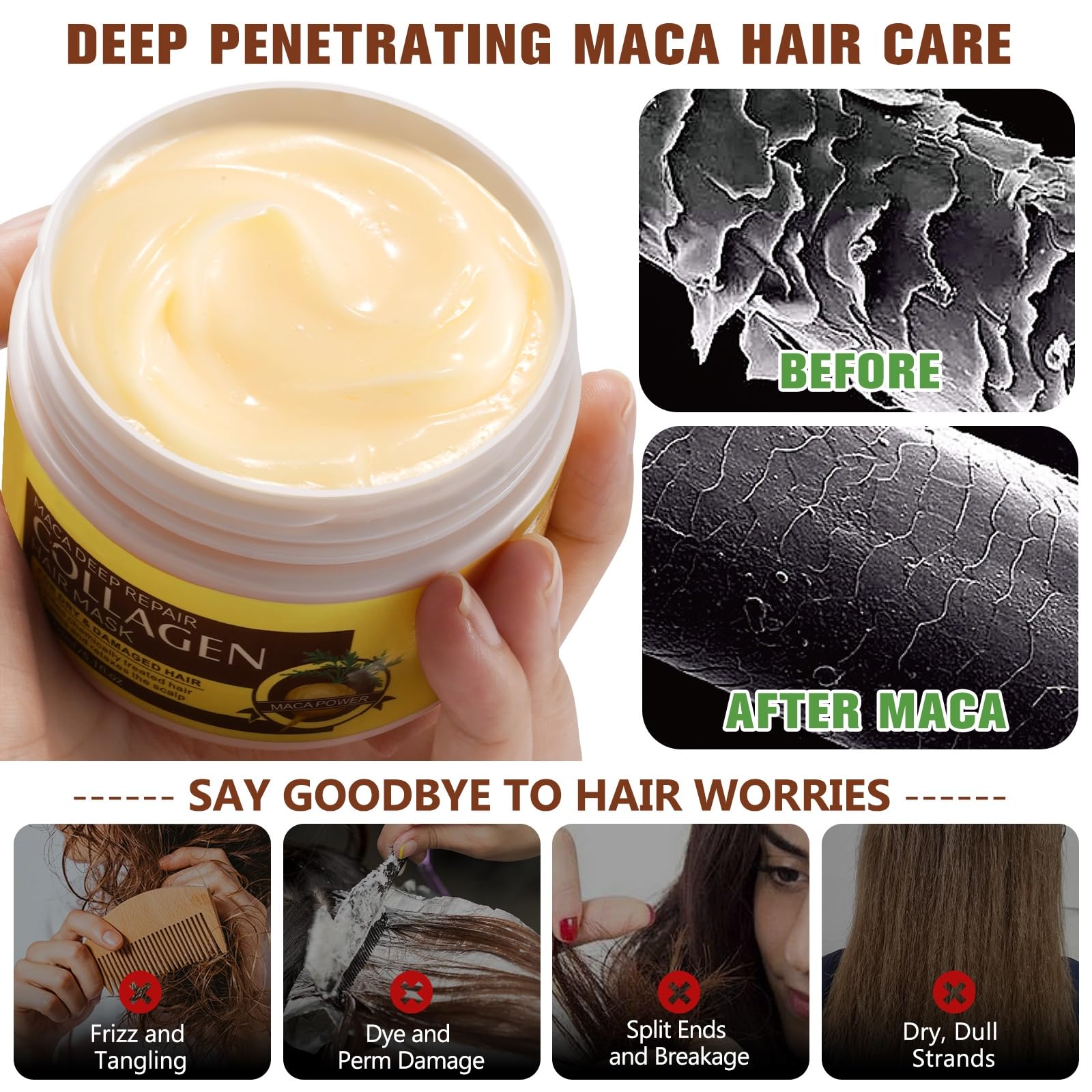 Mascarilla capilar de colágeno, tratamiento capilar de colágeno para cabello seco dañado, acondicionador de reparación profunda con esencia de maca, hidrata e hidrata el cabello, 5.1 fl oz 5