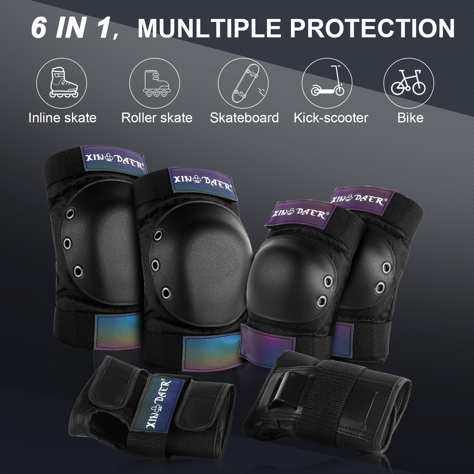 Rodilleras y coderas para adultos – (6 en 1) rodilleras, coderas y muñequeras con bolsa de cordón, juego de equipo de protección de patinaje para mujeres y hombres para patinaje, patineta, ciclismo