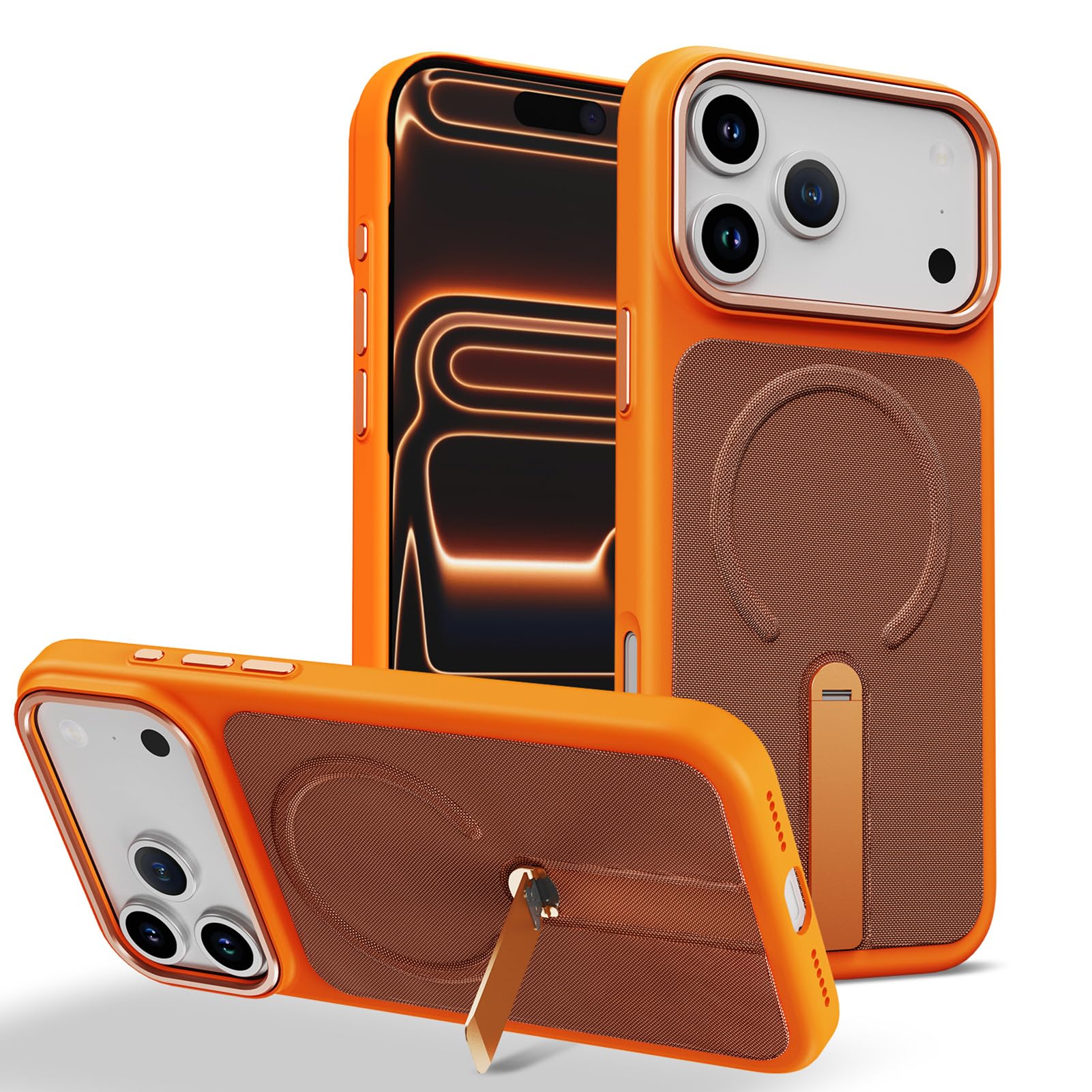 Housse iPhone 17 Pro Max support laiton avec coque magnétique cuir carbone