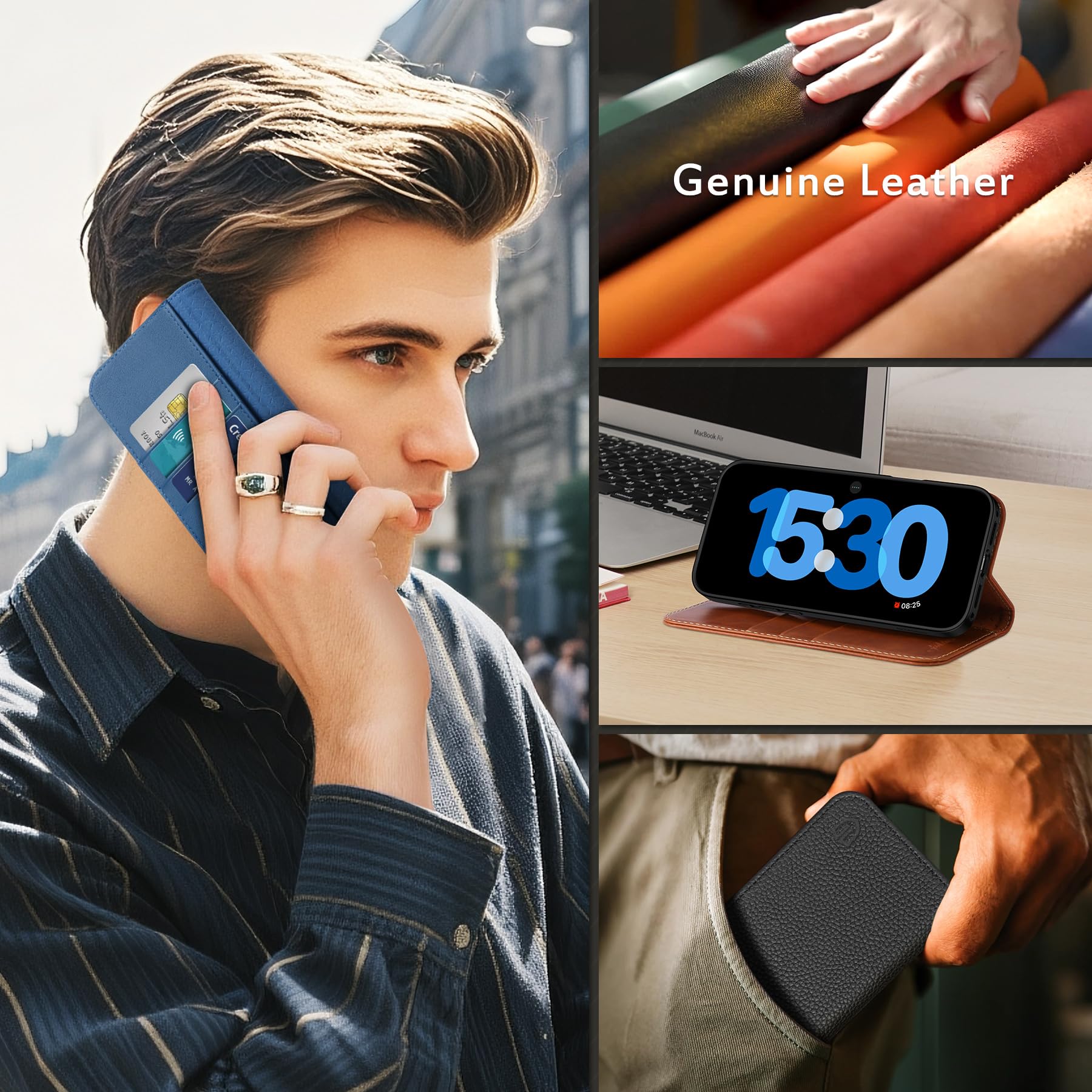 SHIELDON Funda de Cuero Genuino para iPhone 17 6,3 Pulgadas 5G 2025, Cartera [Ranuras para Tarjetas][Bloqueo RFID] Billetera Capa Protectora Leather Wallet Case, Púrpura Glicina
