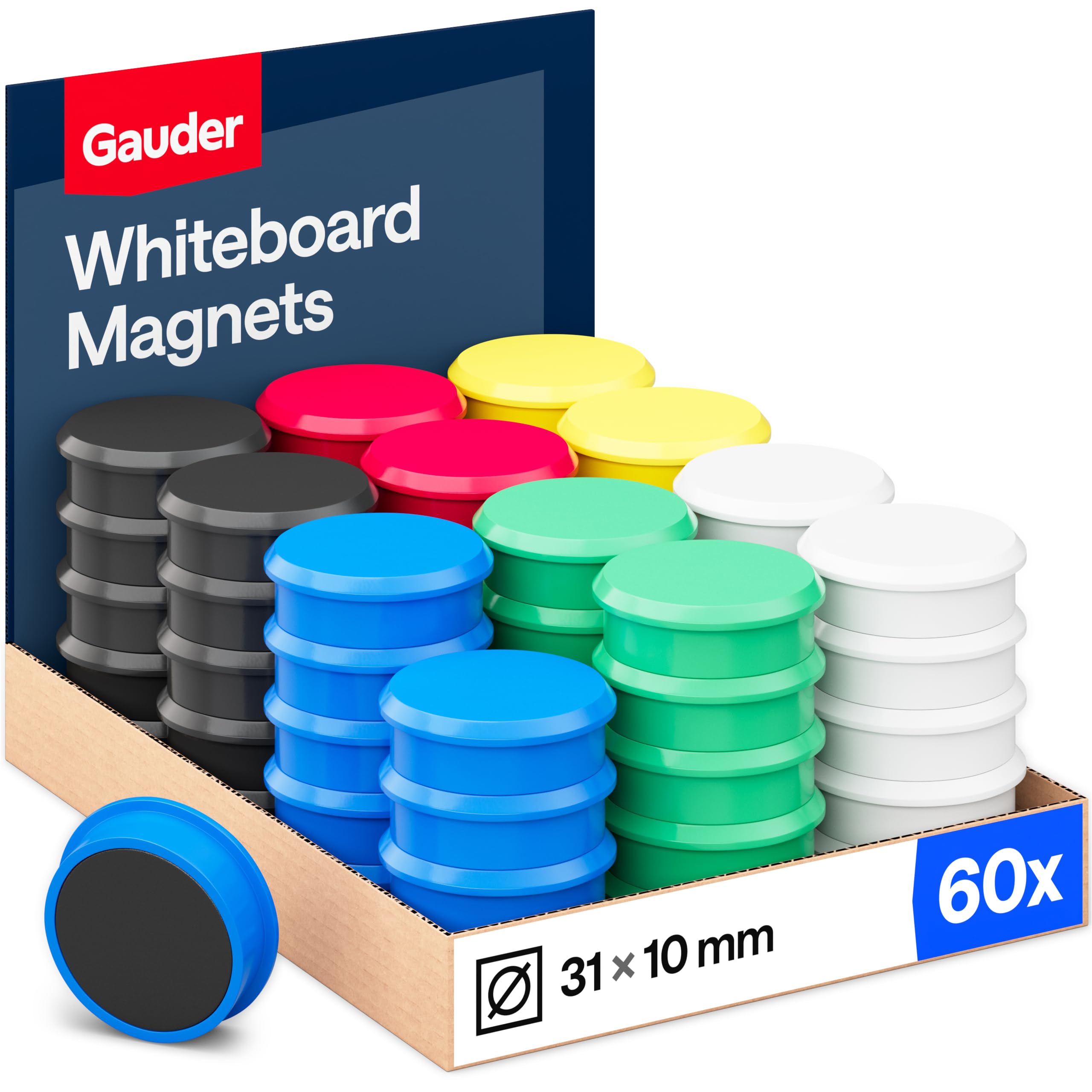 GAUDER Whiteboard Magnets - Strong Round Magnets for Fridge & Magnetic Board - Colorful Magnetic Discs for Office, School & Home (31 x 10 mm - 60 PCS - Multicolor)