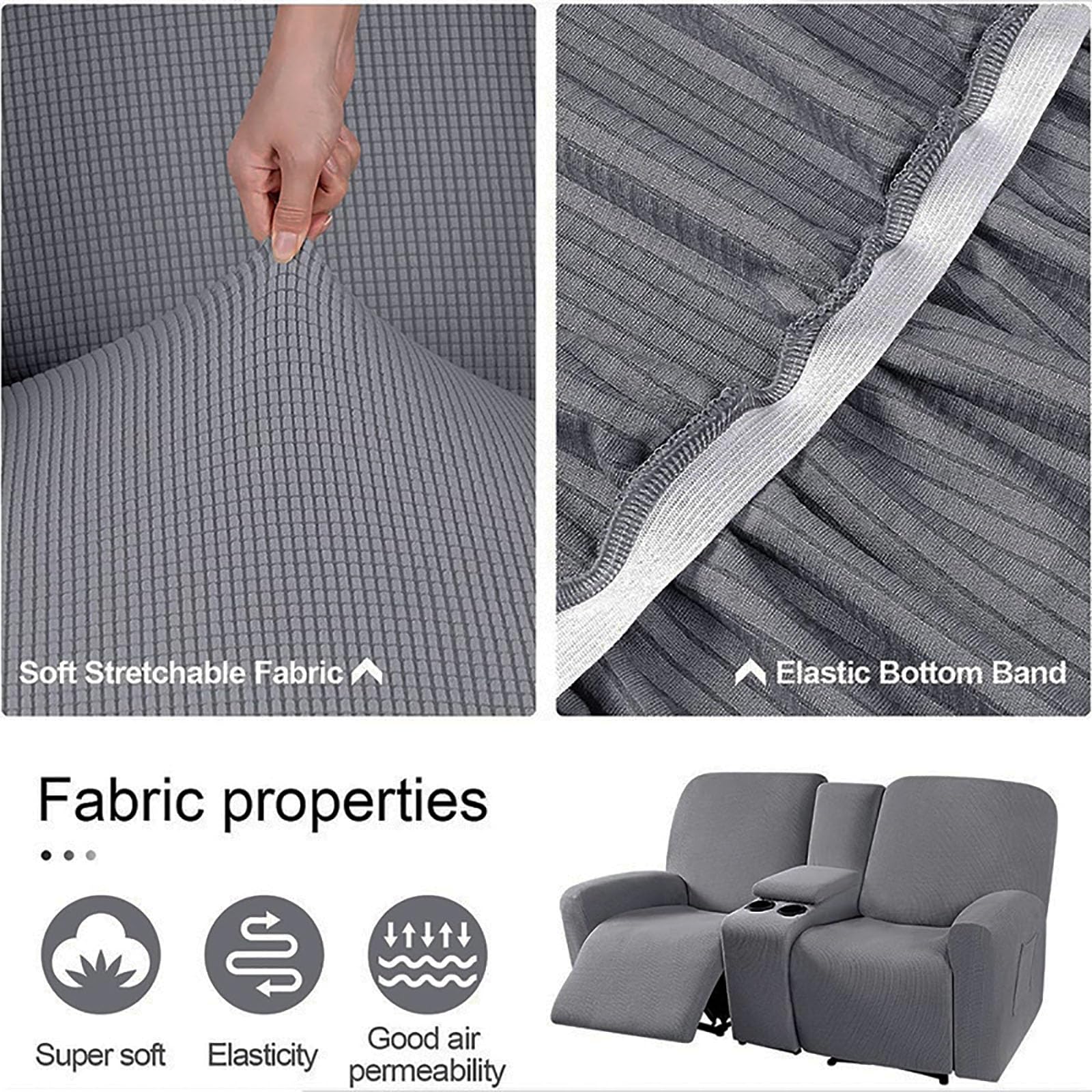 Recliner Loveseat Cover Stretch for 2 Soft Washable Recliner Chair Cover with Center Console Non-Slip Reclining Furniture Protector