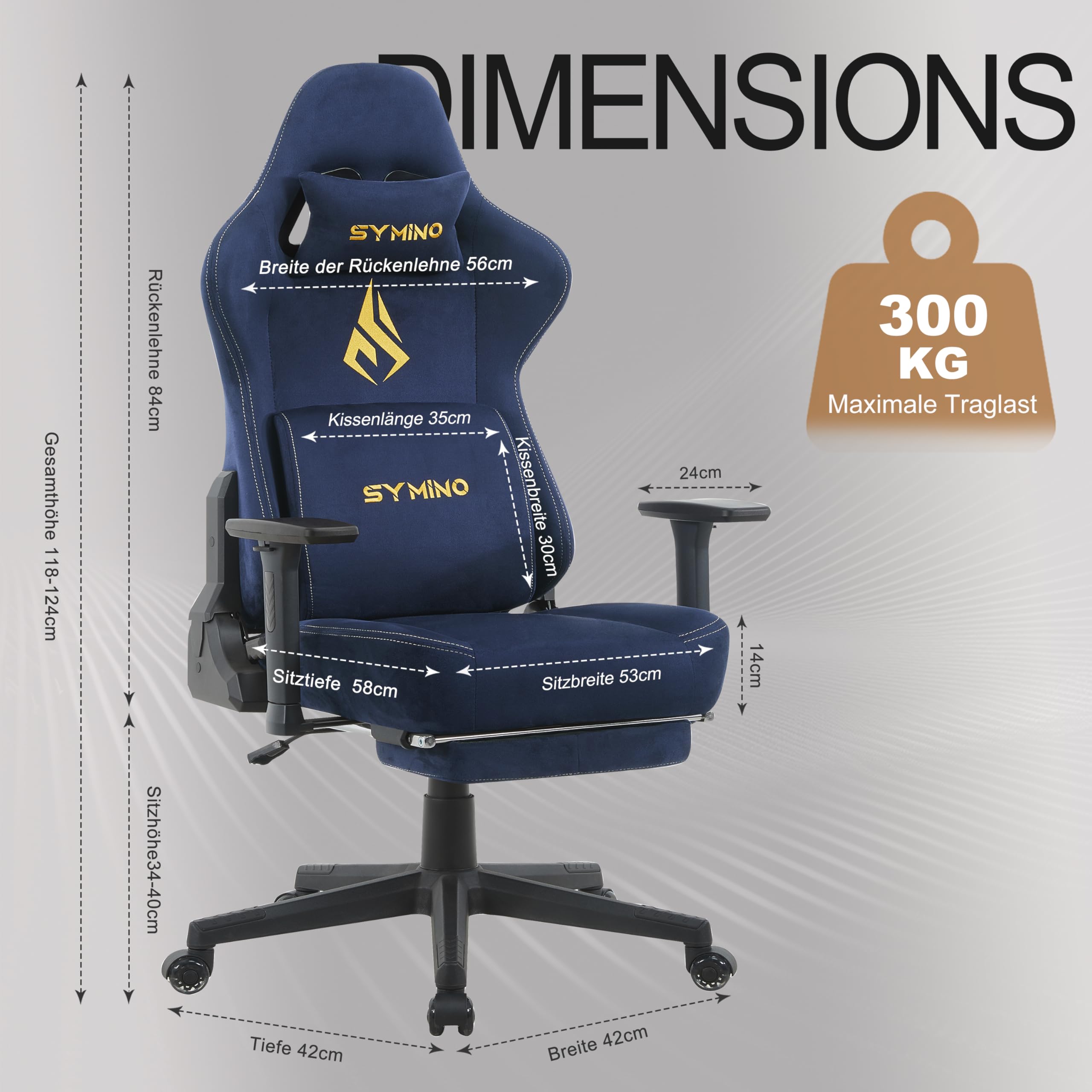 Symino Chaise Gamer XL, Siège Large Mousse+Latex, Support Lombaire & Tête, Inclinaison 175°, 300kg, Roues Silencieuses Incluses (Faux Daim, Bleu Foncé)