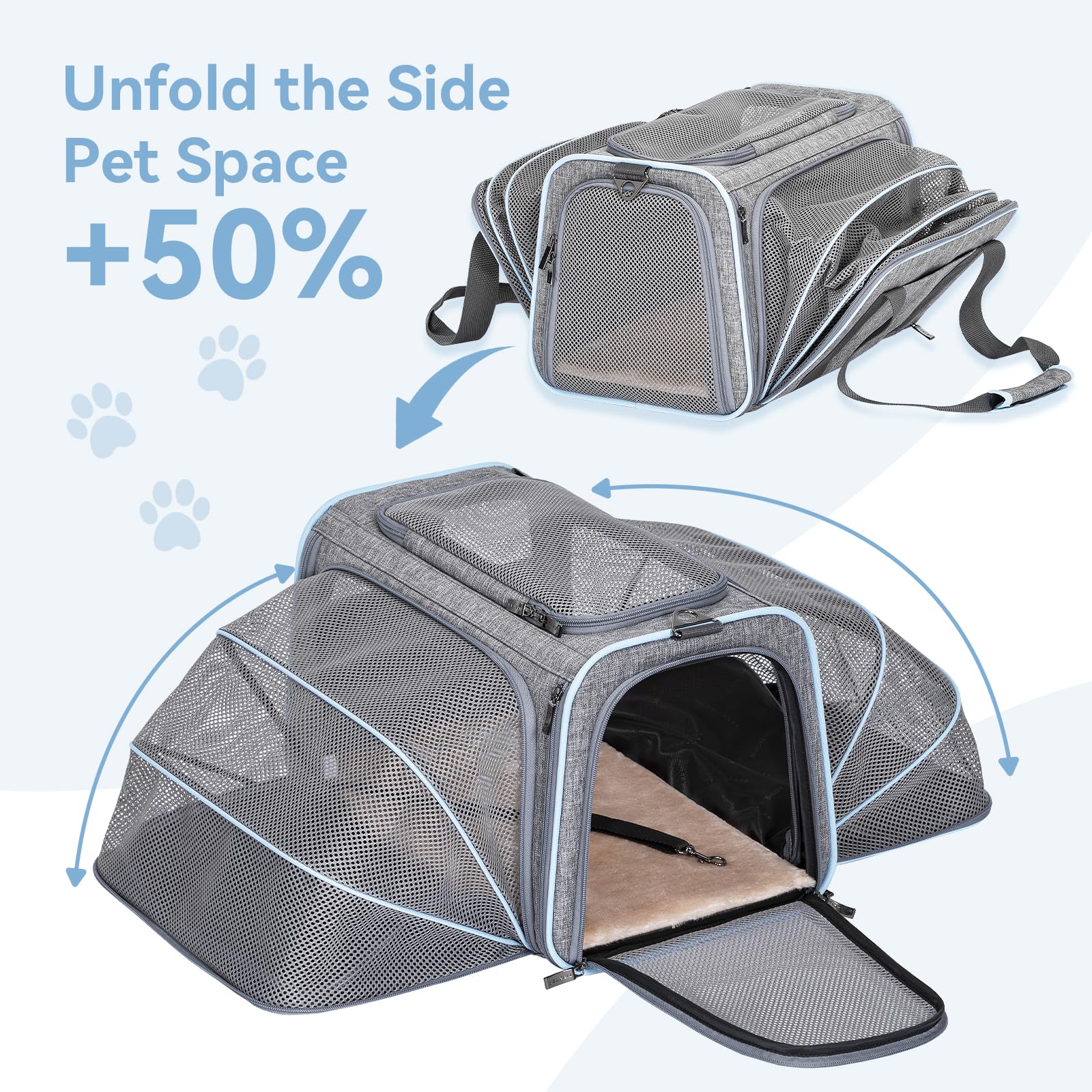 Petsfit Faltbarer Transporttasche Katze und Hund,erweiterbare Katzentransportbox mit Schultergurt Hundetragetasche Flugtasche Oxford Gewebe für Katze und Hund, M/Grau/Doppelseitig
