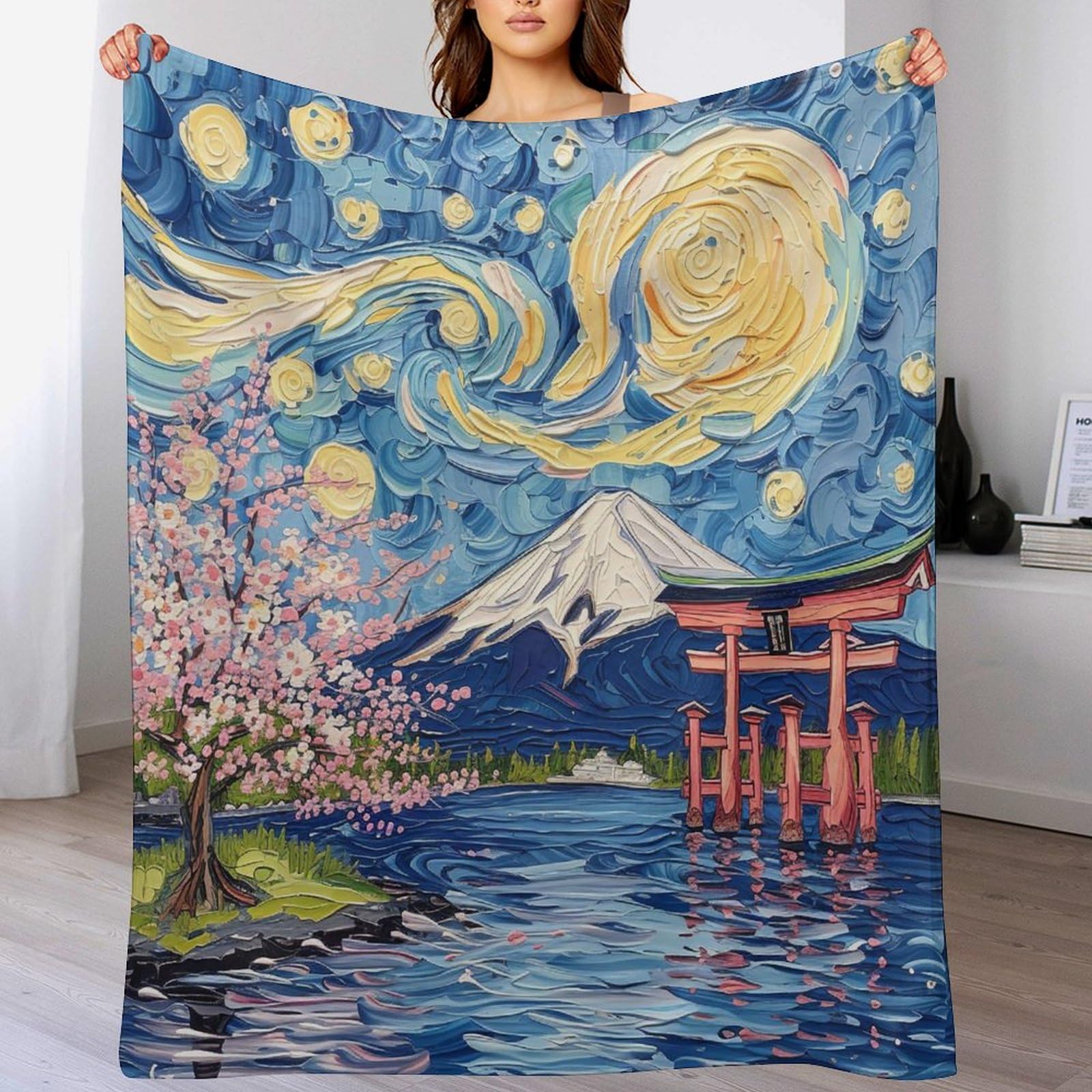 Couverture en peluche cerise tree japan art douce 130x150cm pour lit et canapé