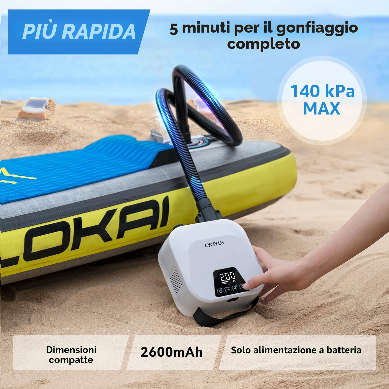 CYCPLUS Pompa d'Aria SUP Smart da 20 PSI, con Batteria Ricaricabile, Gonfiaggio e Sgonfiaggio Intelligente, Arresto Automatico. Ideale per Stand Up Paddle Boards, Aquiloni, Tende, Materassi
