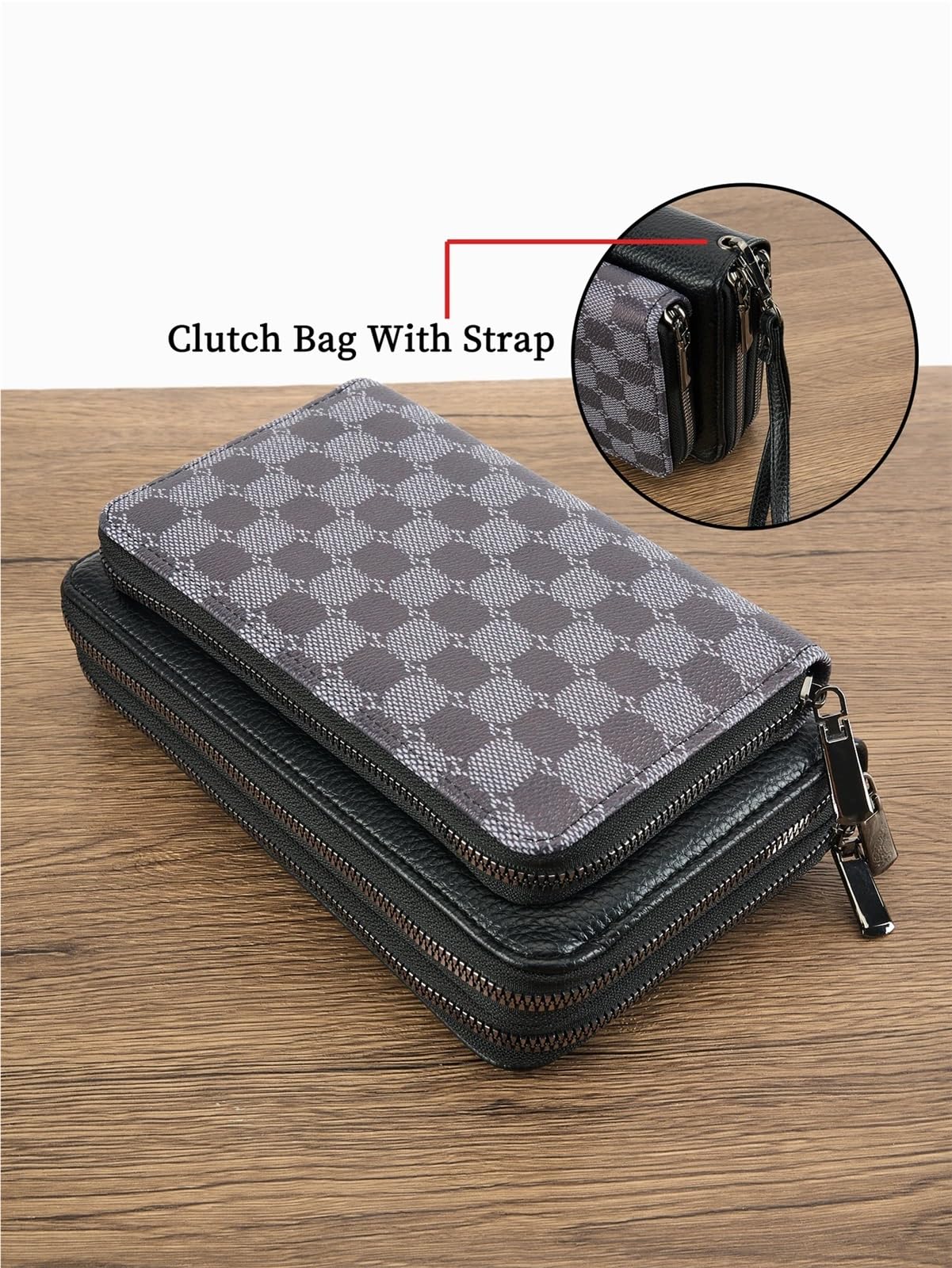 Pochette Uomo Pochette da uomo in pelle PU con cinturino polso, scomparti for carte multifunzione e tasca nascosta for contanti