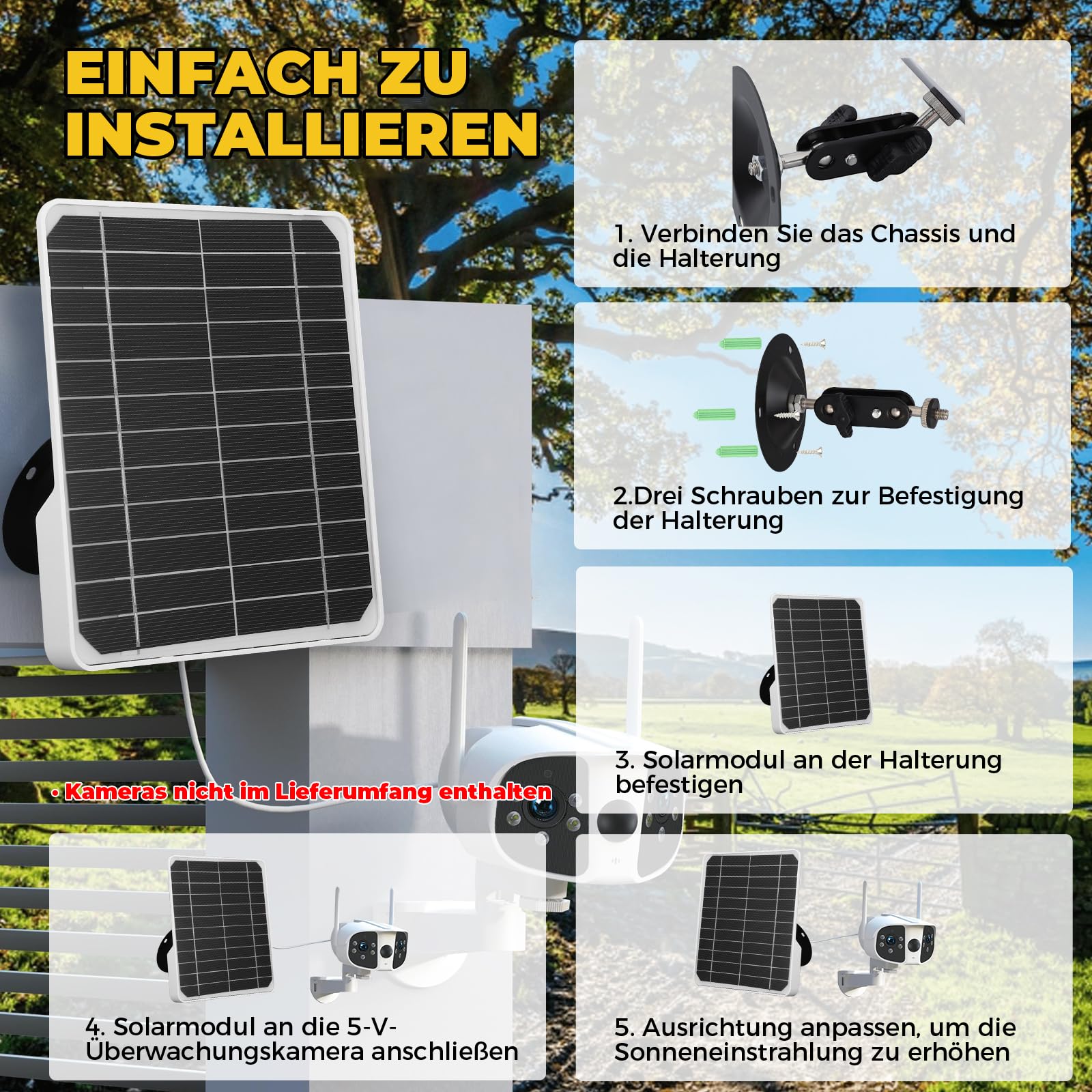 Panneaux Solaires pour Caméras, Panneau Solaire Mural 20 W 5 V Chargeur de Panneau Solaire Monocristallin Panneau Solaire USB pour Caméra avec Câble de de 9,8 Pieds