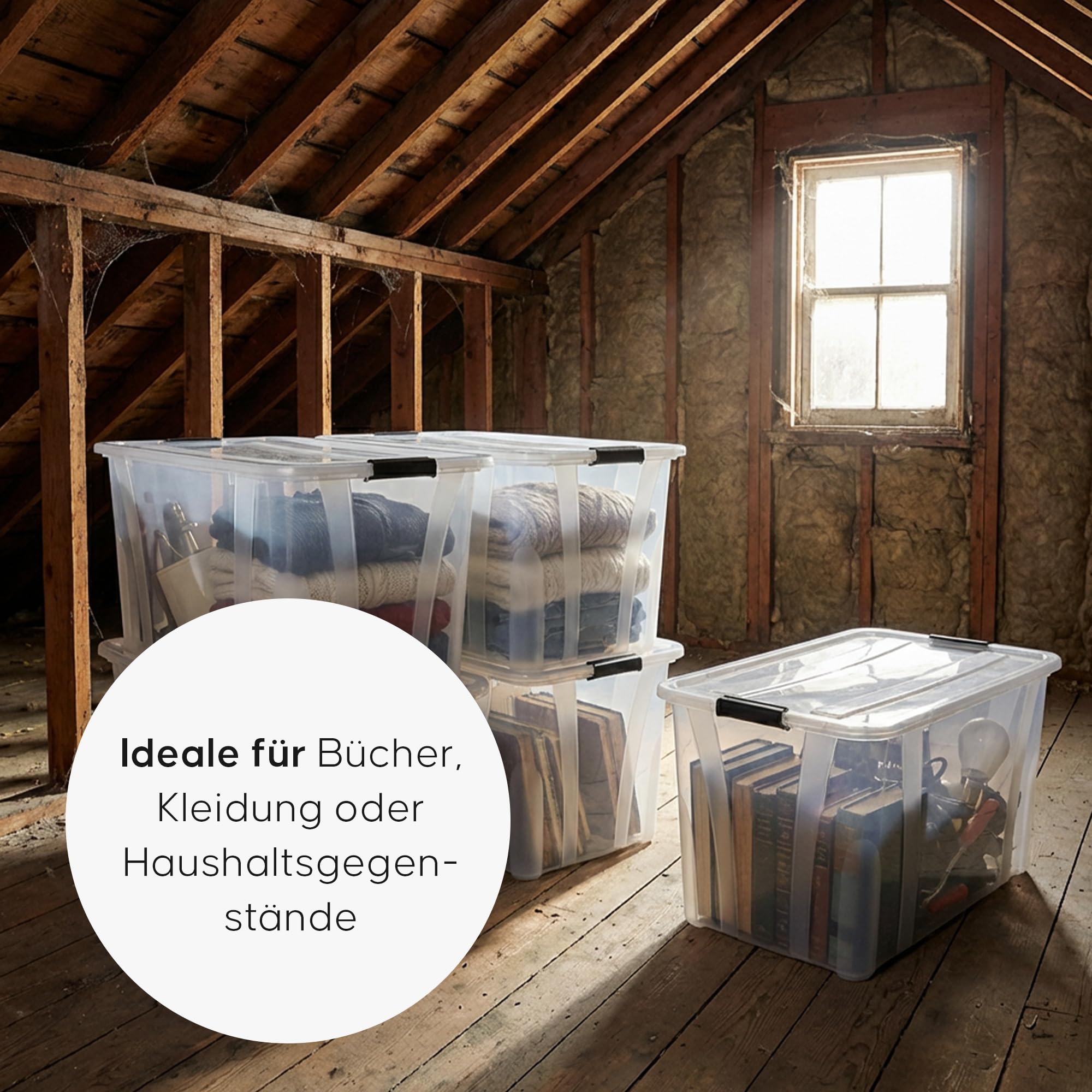 Aufbewahrungsboxen 4er-Set mit Deckel – Stapelbare Kunststoffboxen 7L, 14L, 21L, 32L, 55L, 80L Transparent mit Klickverschluss & Griffen, BPA-frei, Lebensmittelgeeignet, Ordnungskisten (55 L)