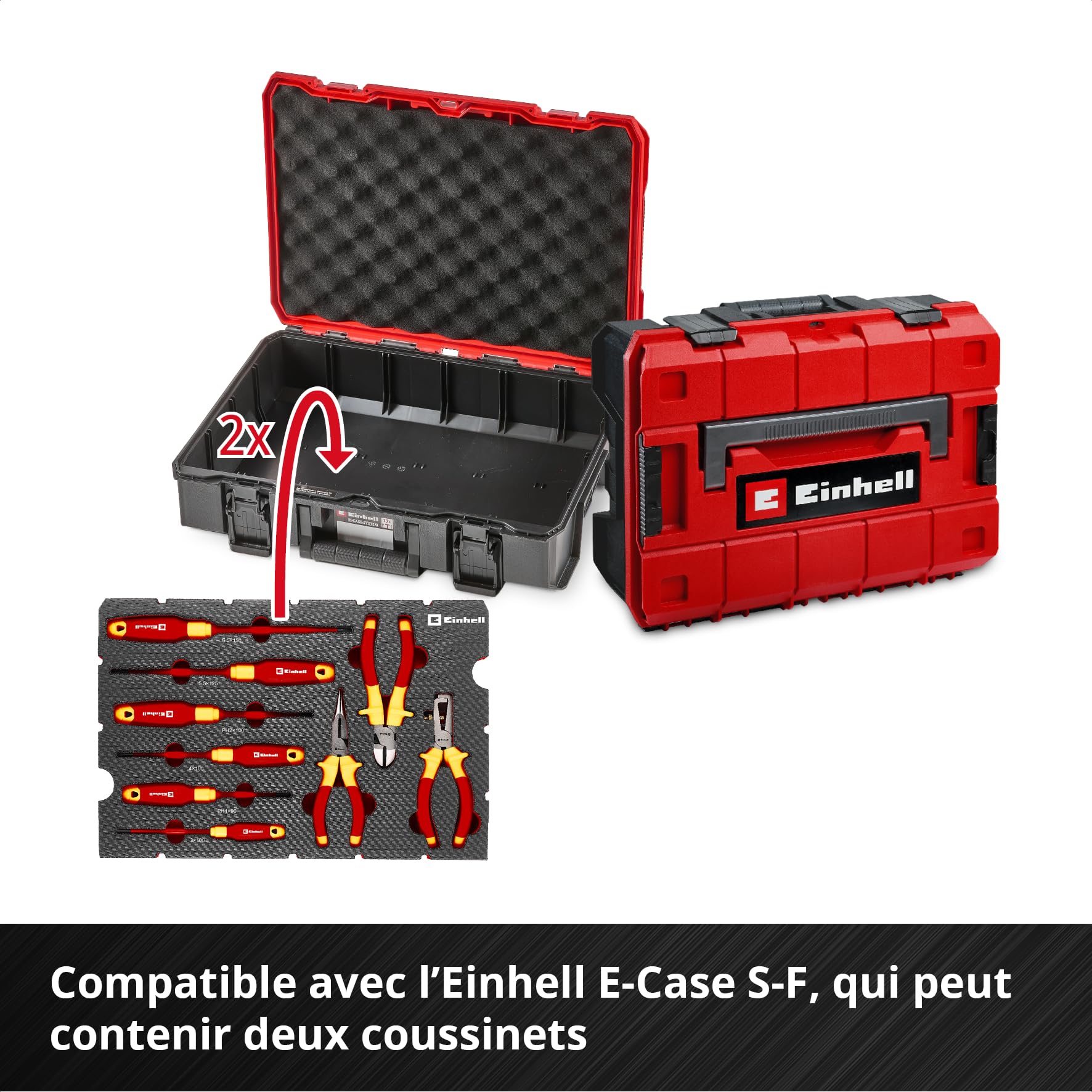 Original Einhell E-Case Pad 9 pièces outils électricien (isolation testée IEC 60900, set de tournevis, pince coupante, pince à dénuder, pince à bec long, système E-Case)