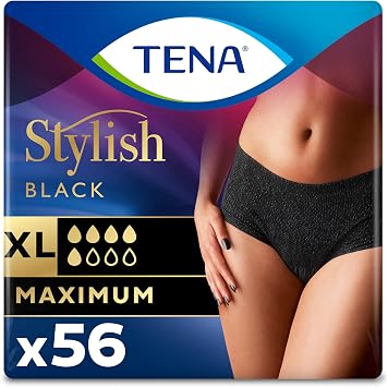 Tena Stylish Black Incontinence Underwear for Women, Maximum Absorbency, Adult Diapers, X-Large Waist Sizes 48in-64in, 56 Count 4 Pack of 14