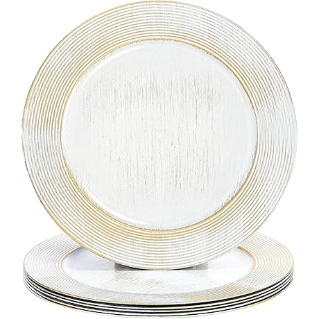 13" Round White Charger Plates for Dinner Plates, Vintage Ring Pattern Wedding...