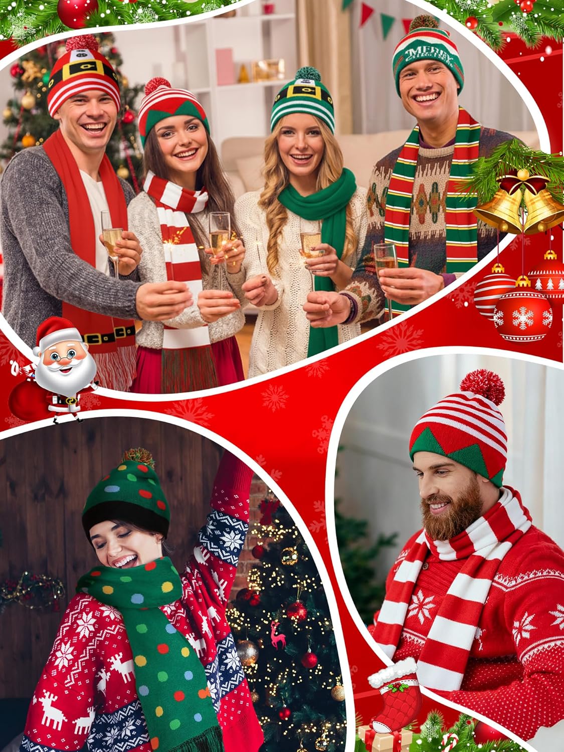 Geyoga 16 Pcs Christmas Knitted Beanie and Scarf Set Unisex Xmas Hat Warm Christmas Tassel Scarf for Adult Women Man Gift - Image 4