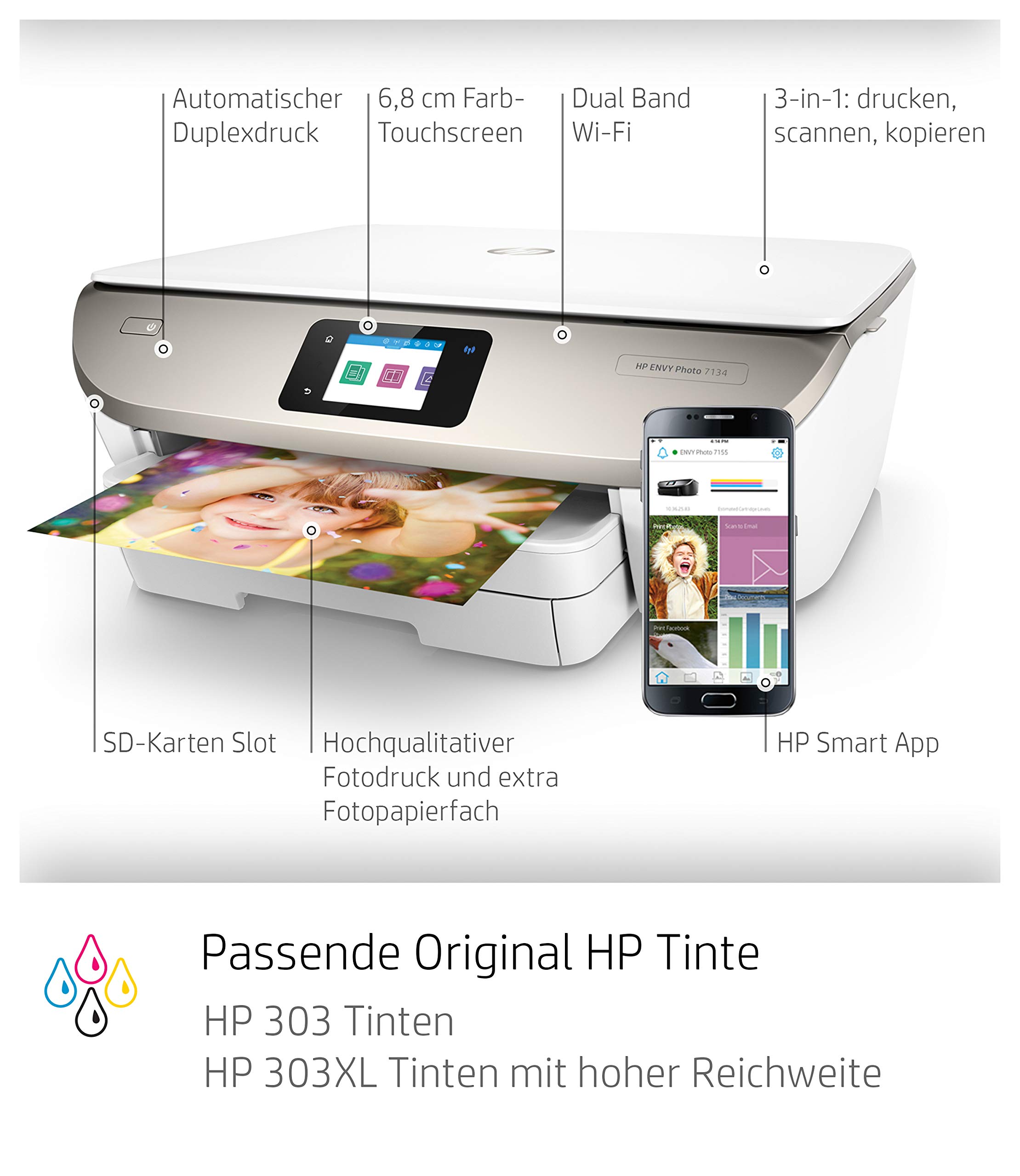 HP ENVY Photo 7134 Multifunktionsdrucker (Instant Ink, Drucken, Scannen, Kopieren, WLAN, Airprint) inklusive 5 Monate Instant Ink