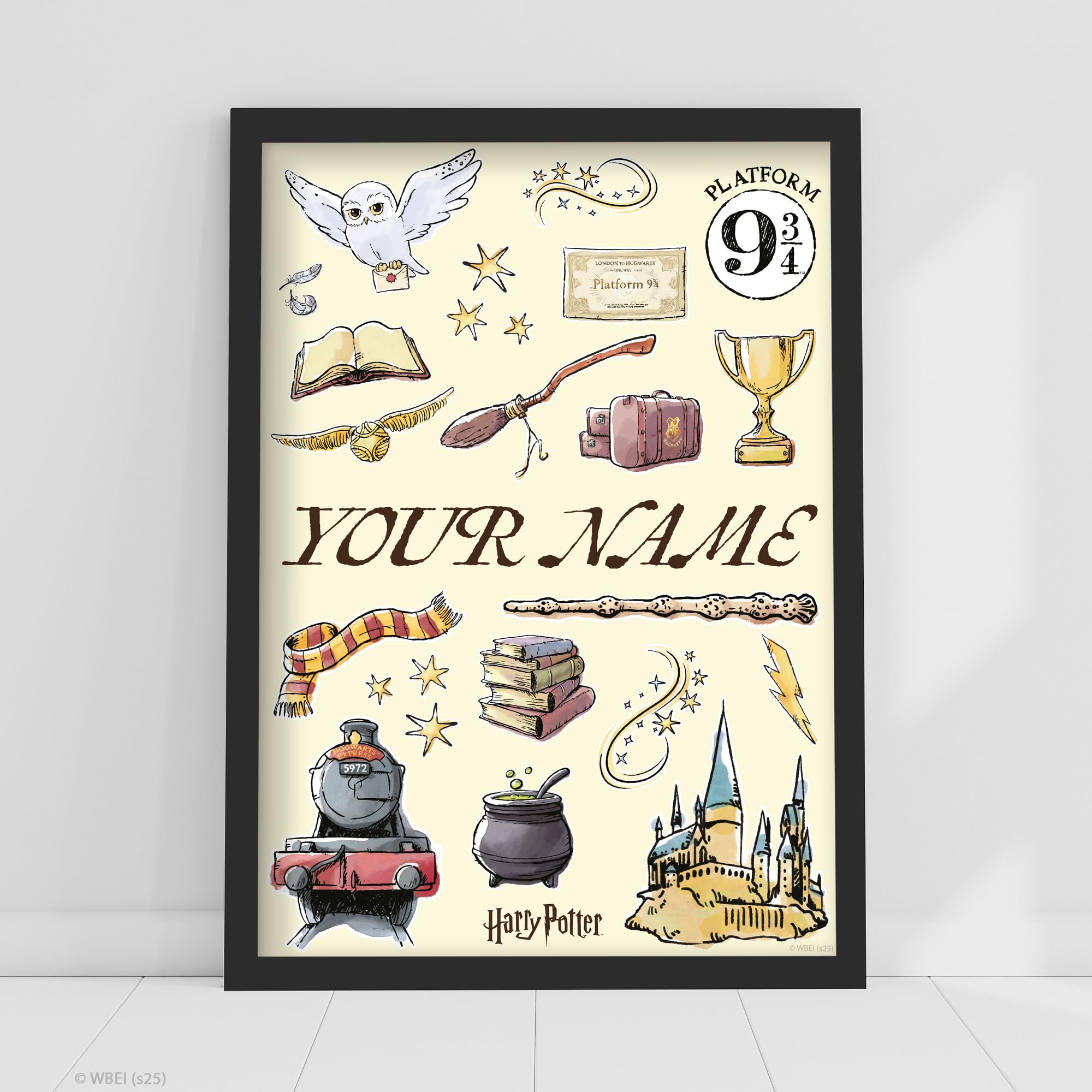 Harry Potter Print - Watercolour Icons Personalised Name Poster Wall Art (29.7cm x 42cm - A3)