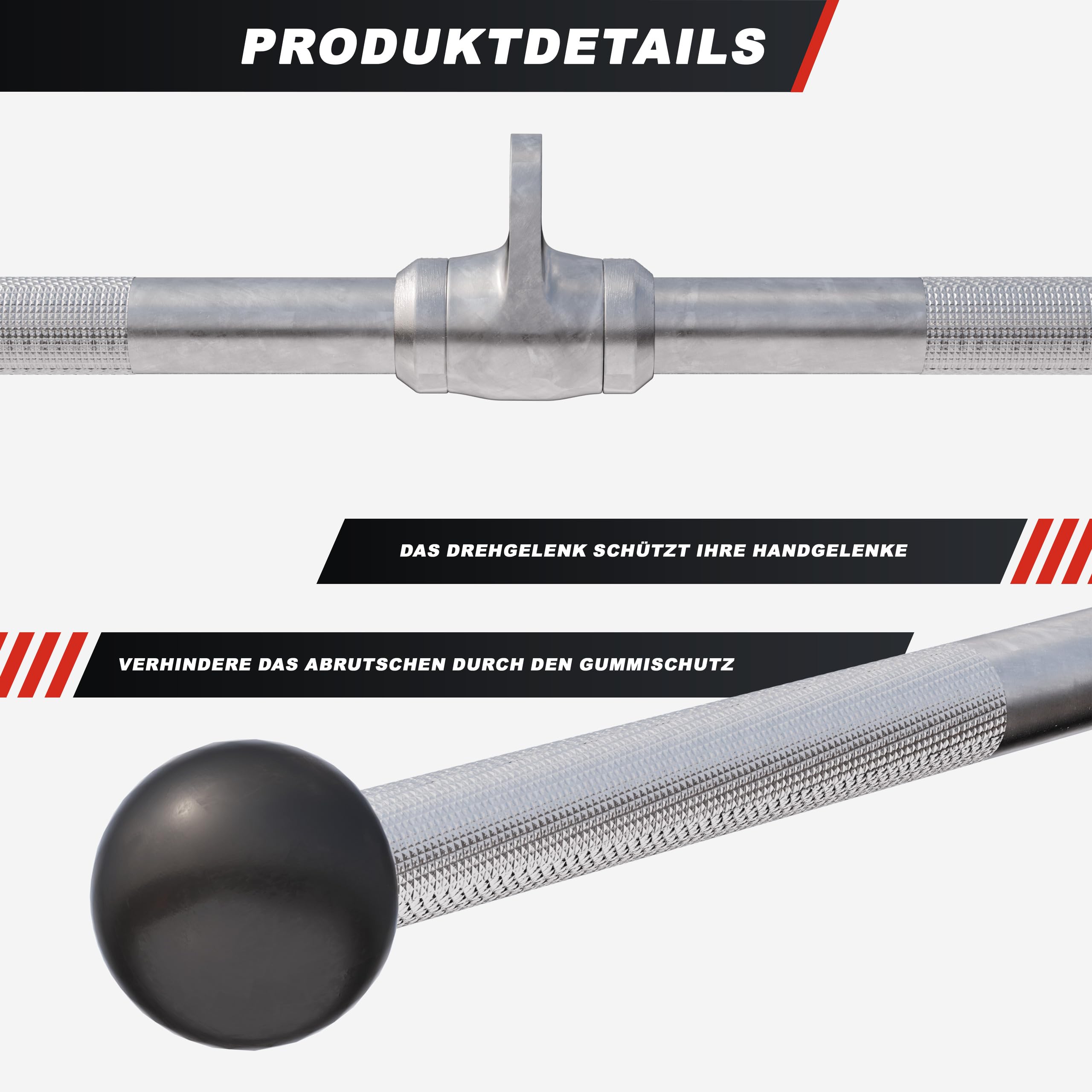 GORILLA SPORTS® Barra de Poleas Gimnasio - Articulación Giratoria, 120cm, Antideslizante - Agarre Gym, Agarres Poleas Gym, Barra Polea, Barra de Polea para Espalda, Agarre Jalon, Máquina LAT