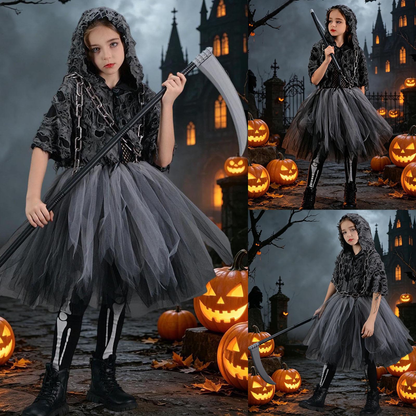 Generico Costume Morte Bambina, Costume Halloween Bambina | Abito Nero con Cappuccio, Catena & Falce Giocattolo, Bordi Strappati, Perfetto per Halloween, Ideale per il Gioco di Ruolo e13