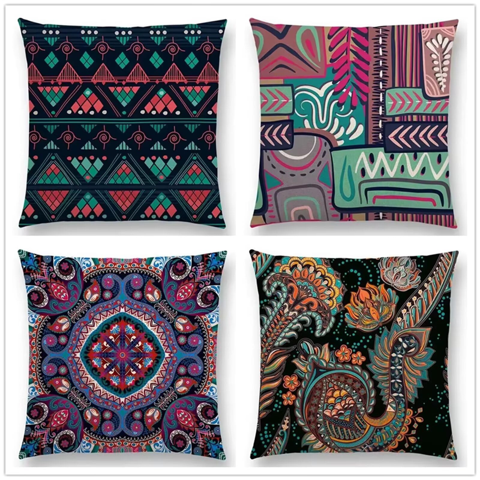 Heaen Outdoor Cushions Covers Waterproof 35x35 cm Set of 4 Square Linen Pillow Cases Green Pink Geometric Decorative Dushions for Sofa Porch Patio Home Decor