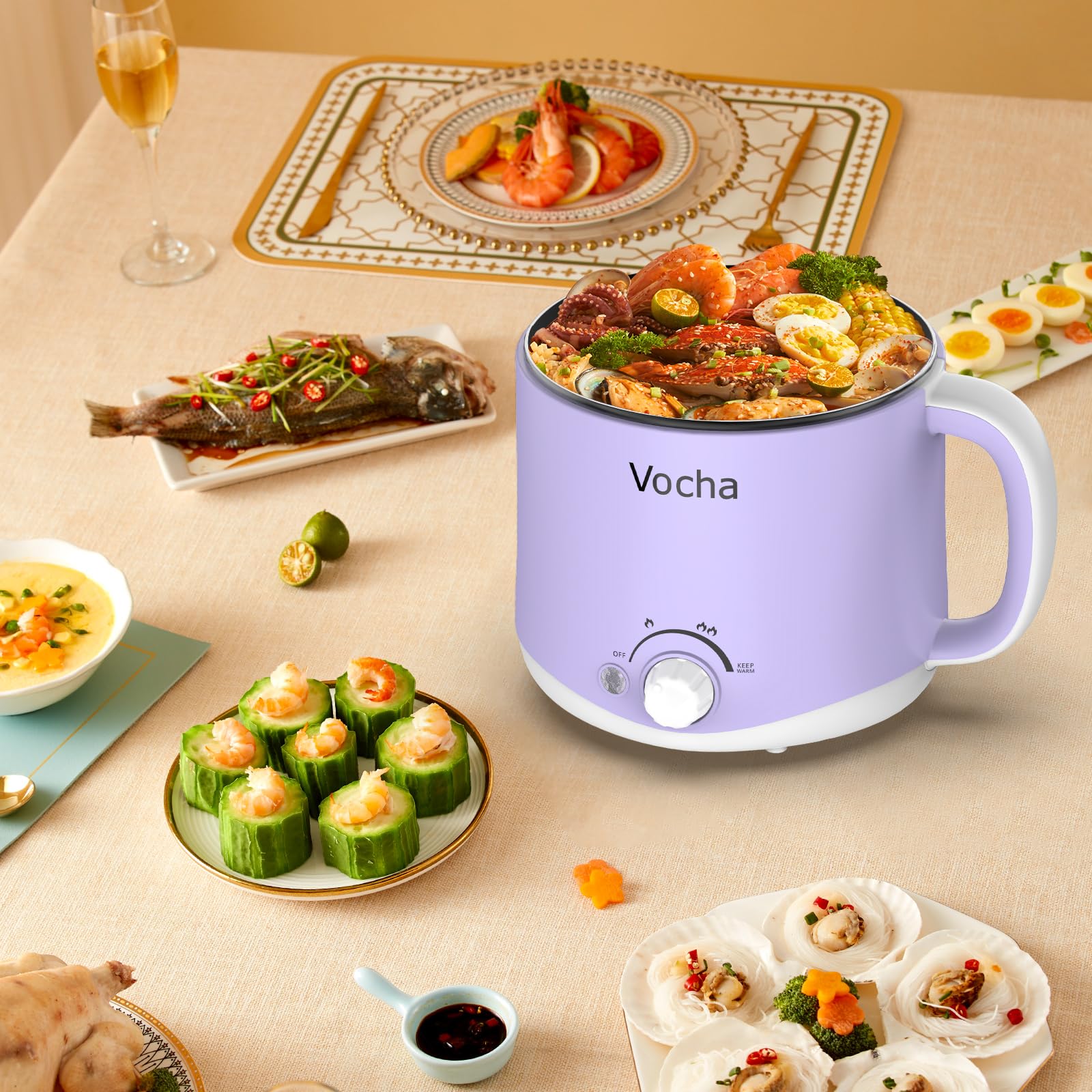 Vocha Pentola elettrica con funzione Keep Warm, padella elettrica antiaderente da 1,6 l, fornello da viaggio portatile, mini fornello multi-cottura per pasta tagliatelle, zuppe, uova sode(Viola)