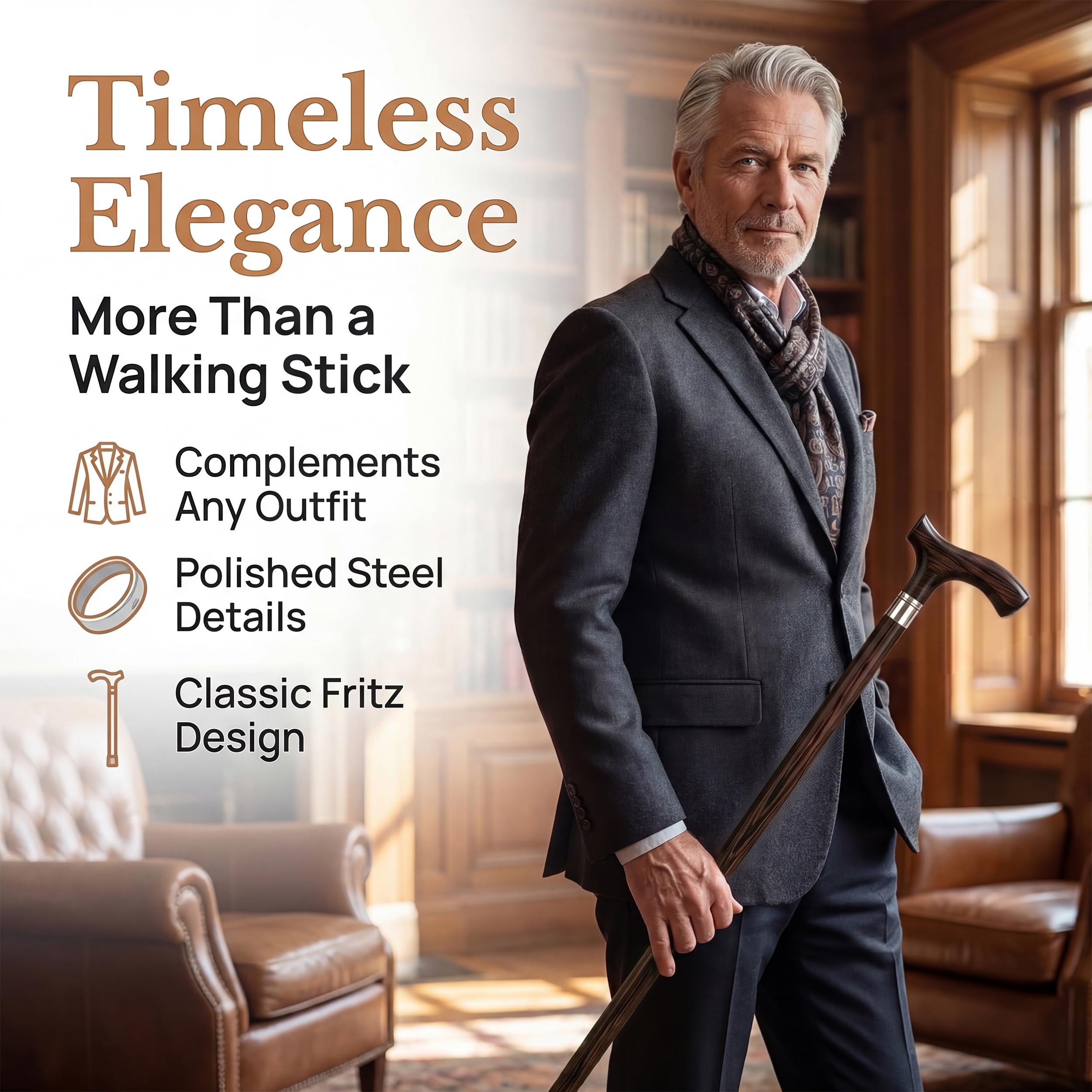 Dr. Watson Classic Fritz Walking Stick – Handcrafted Ash Wood Cane with Polished Stainless Steel Collar