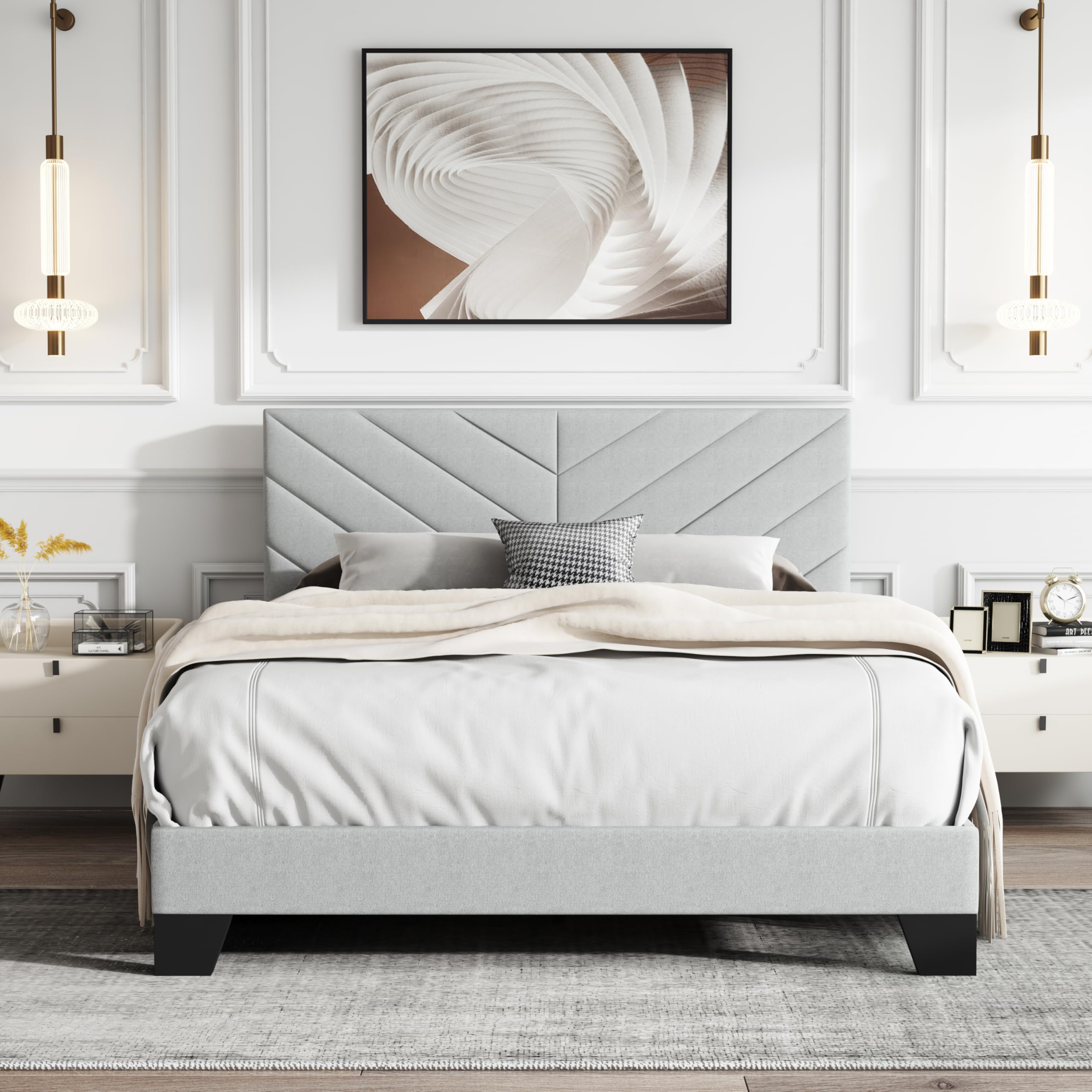 IOILORI Full Size Bed Frame Platform with Upholstered Headboard, Sturdy Wooden Slats, Noiseless, No Springs Required, Easy to Assemble Light Gray
