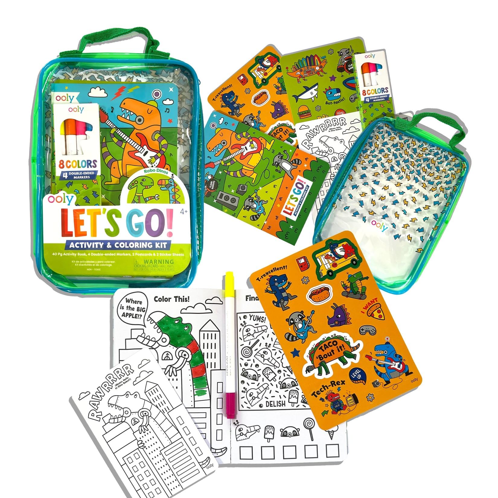 Ooly Let's Go Activity & Coloring Book Kit Complete with Markers, Stickers, Puzzles & More - Portable All in One Set - Robo Dinosaurs