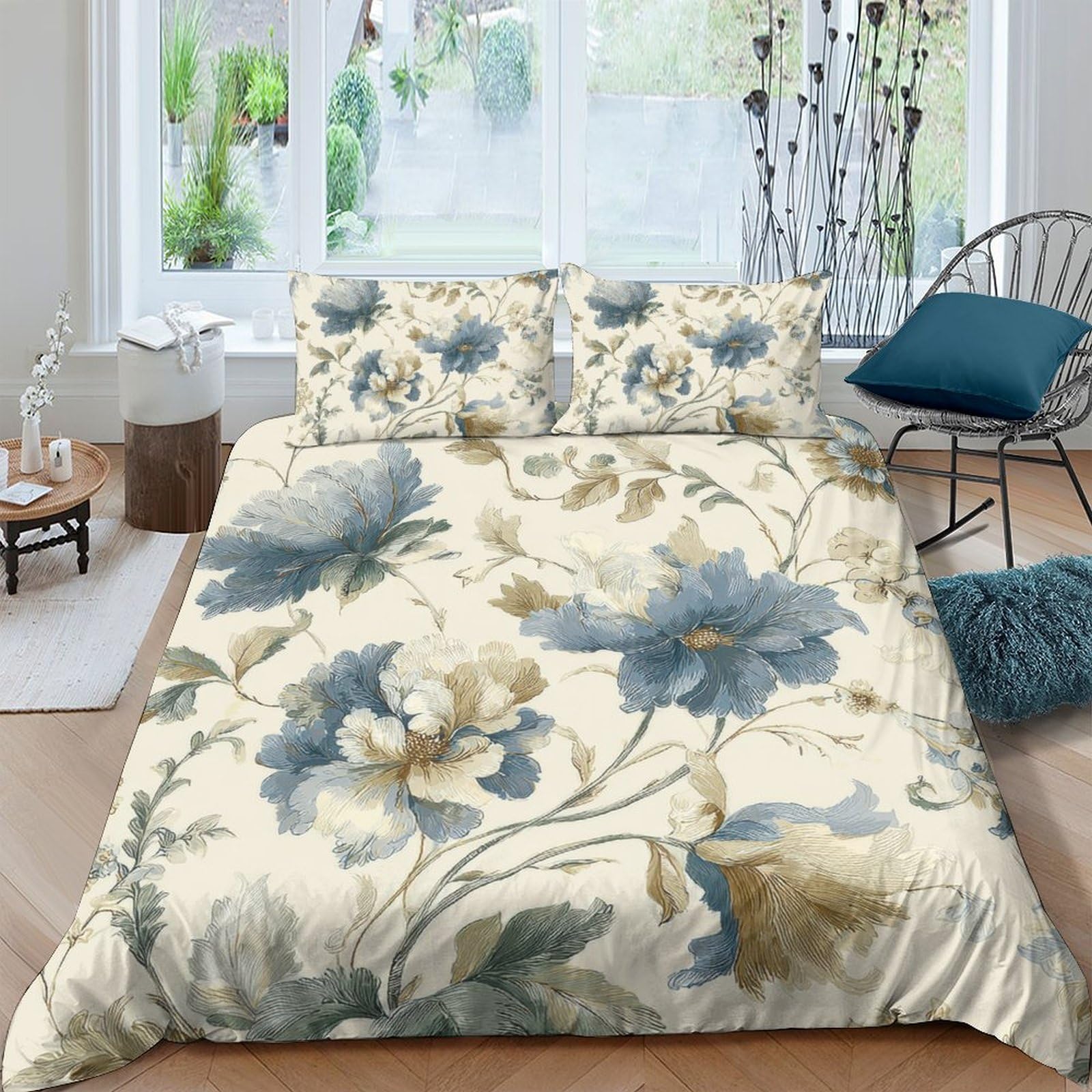 P5V6M1Q9 3D Printed Watercolour Floral Duvet Cover Set Microfiber Soft Blue Beige Bedding with 2 Pillowcases for Bedroom Decor Single（135x200cm）
