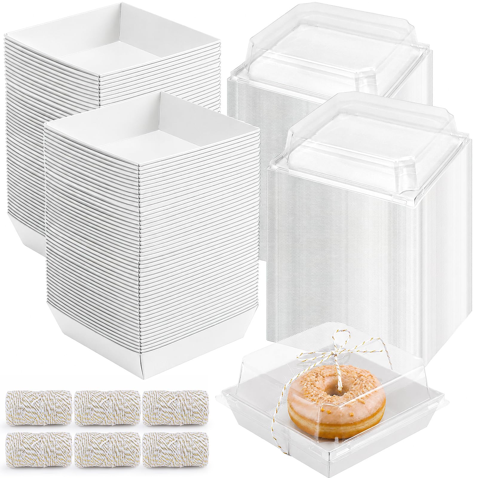 ZVLZR 150 Pack Kraft Charcuterie Boxes with Clear Lids and Twine (White)