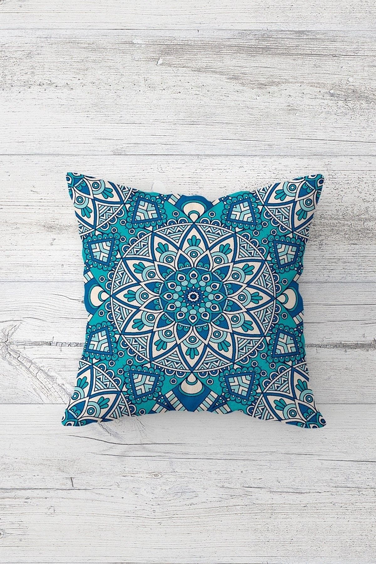 Pelangi Etnik Mandala Desenli Çift Tarafı Baskılı Gizli Fermuarlı Yastık Kılıfı Kırlent Koltuk Yastık Kılıfı, turkuvaz-beyaz 45 x 45, 24691219845451
