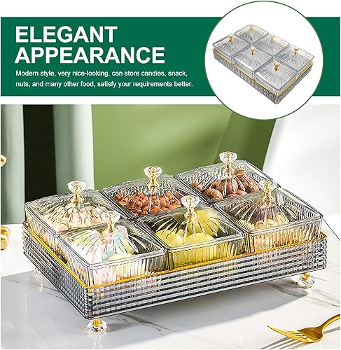 Miniatura 4 de Bandeja de frutas secas con tapa, 6 compartimentos para servir nueces y dulces, bandeja de aperitivos, caja de almacenamiento de alimentos, plato de