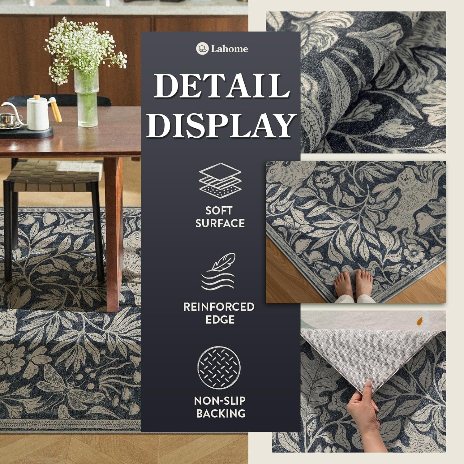 Lahome Nadine Forest Rabbit Indoor Rugs for Entryway, Animal Soft Washable Bedroom Easter Rug 3x5, Whimsical Woodland Dark Gray Carpet for Living Room Study, Bunny Stain Resistant Entrance Mat Indoor