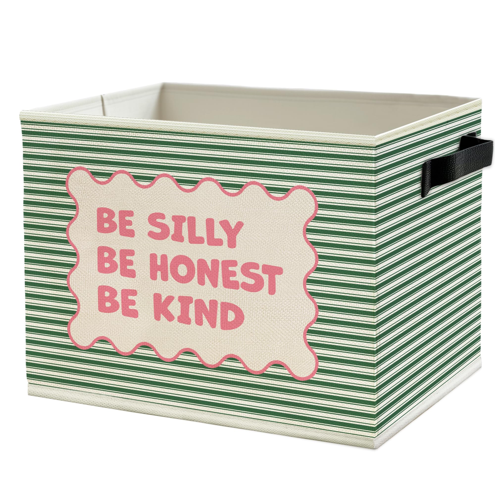 Inspirational Nursery Storage Bins Box with Handles, Be Silly Honest Kind Motivational Pink and Green Striped Collapsible Basket Organizer for Kids Room Bedroom Bathroom Books Clothes