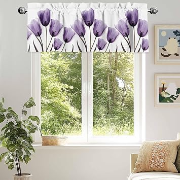 Spring Tulips Valance for Windows Purple Flowers Leaves Abstract Tulips Privacy Rod Pocket Window Treatment Valance Retro Decorative Short Curtain Valances for Kitchen/Living Room/Bedroom 54x18in