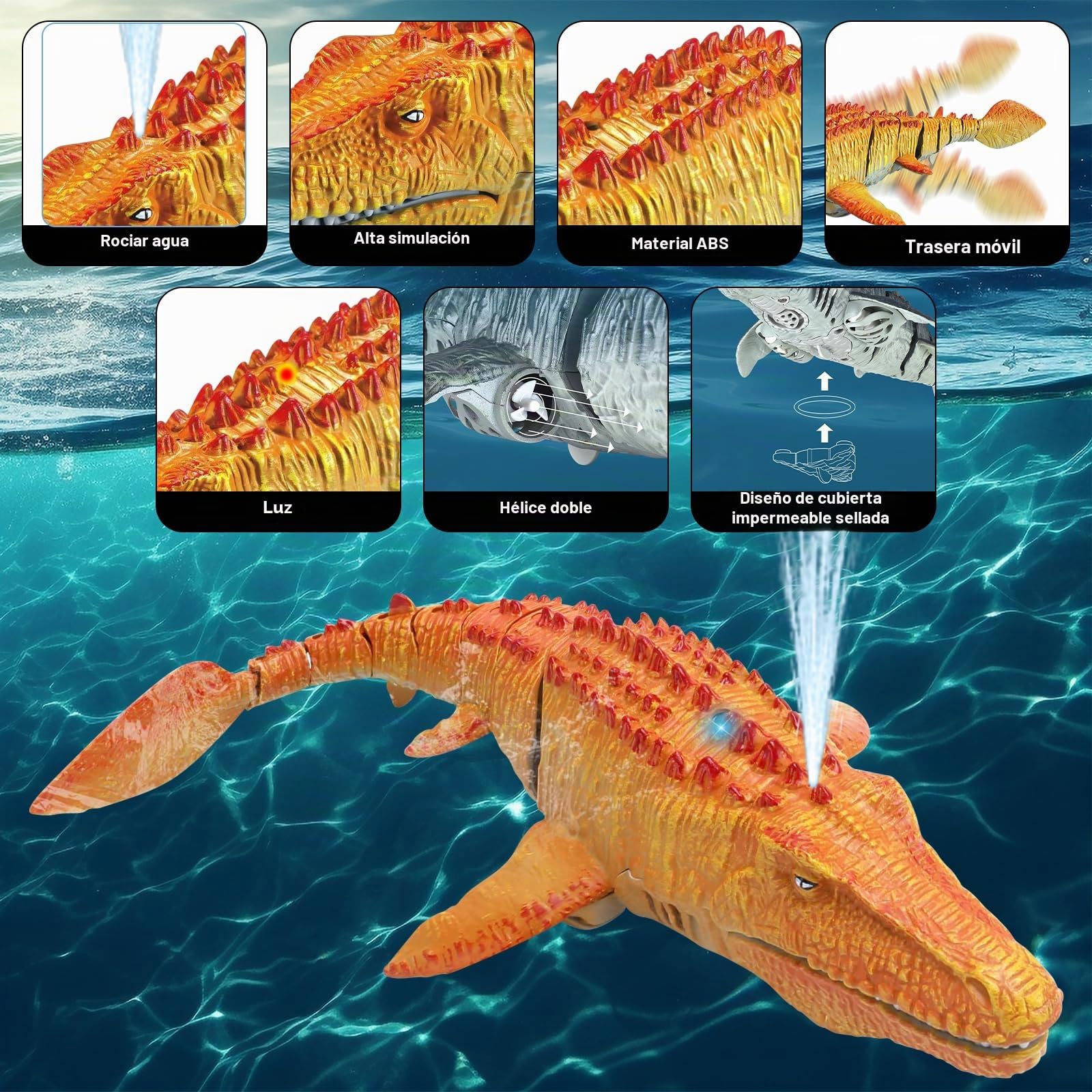 Barcos Teledirigido RC Mosasauru, 2.4GHz Impermeable Juguete del Mosasaurio De Agua con Agua pulverizadora, Dinosaurio Teledirigido Agua, Regalo para Niños Piscina, Lago, Baño (Amarillo)