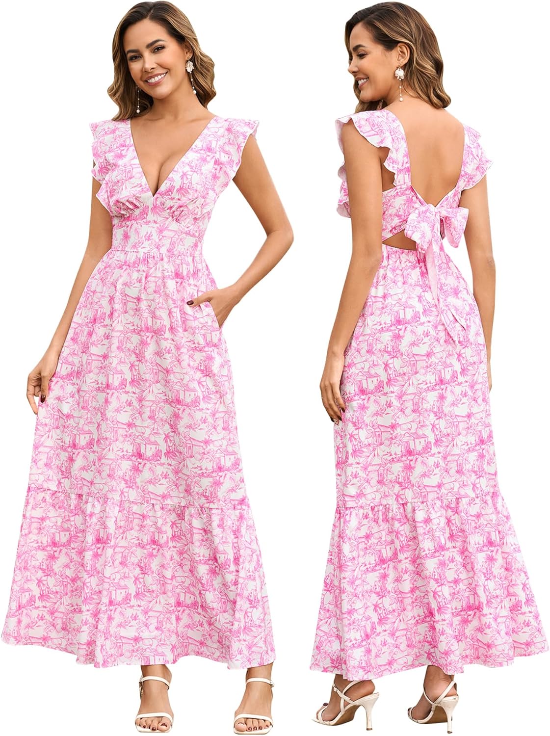 HTZMO Womens Floral Bow Tie Summer Maxi Dresses V Neck Ruffle Flutter Sleeve Casual Boho Long Sundress with Pockets