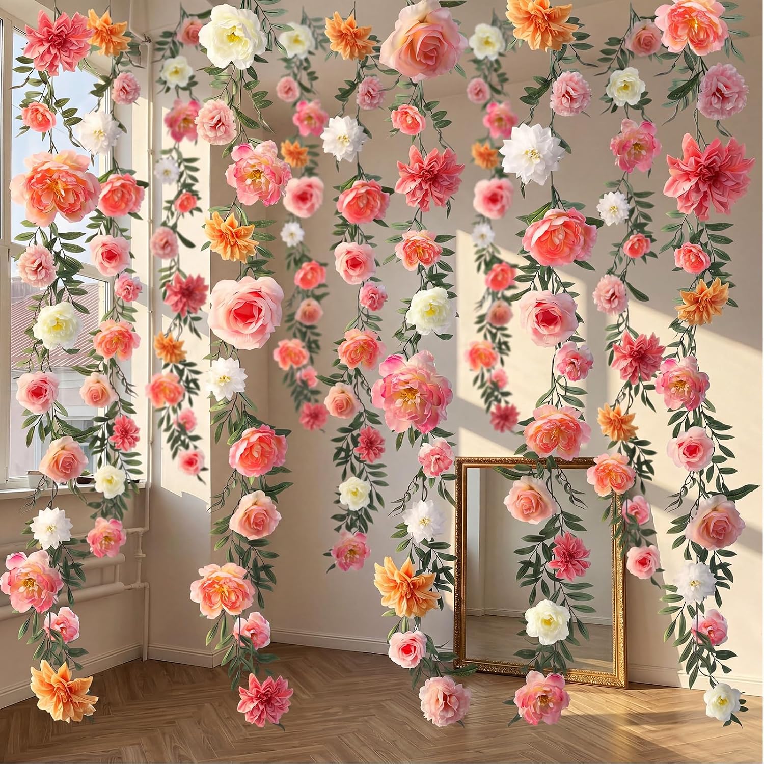 Suncalla 2 Pcs 6.6 ft Artificial Flower Garland Floral Backdrop Arch Fairy Flower Hanging Ceiling Colorful Garland for Wedding Bridal Shower Baby Shower Tea Birthday Backdrop Wall Decor(Lively Color)