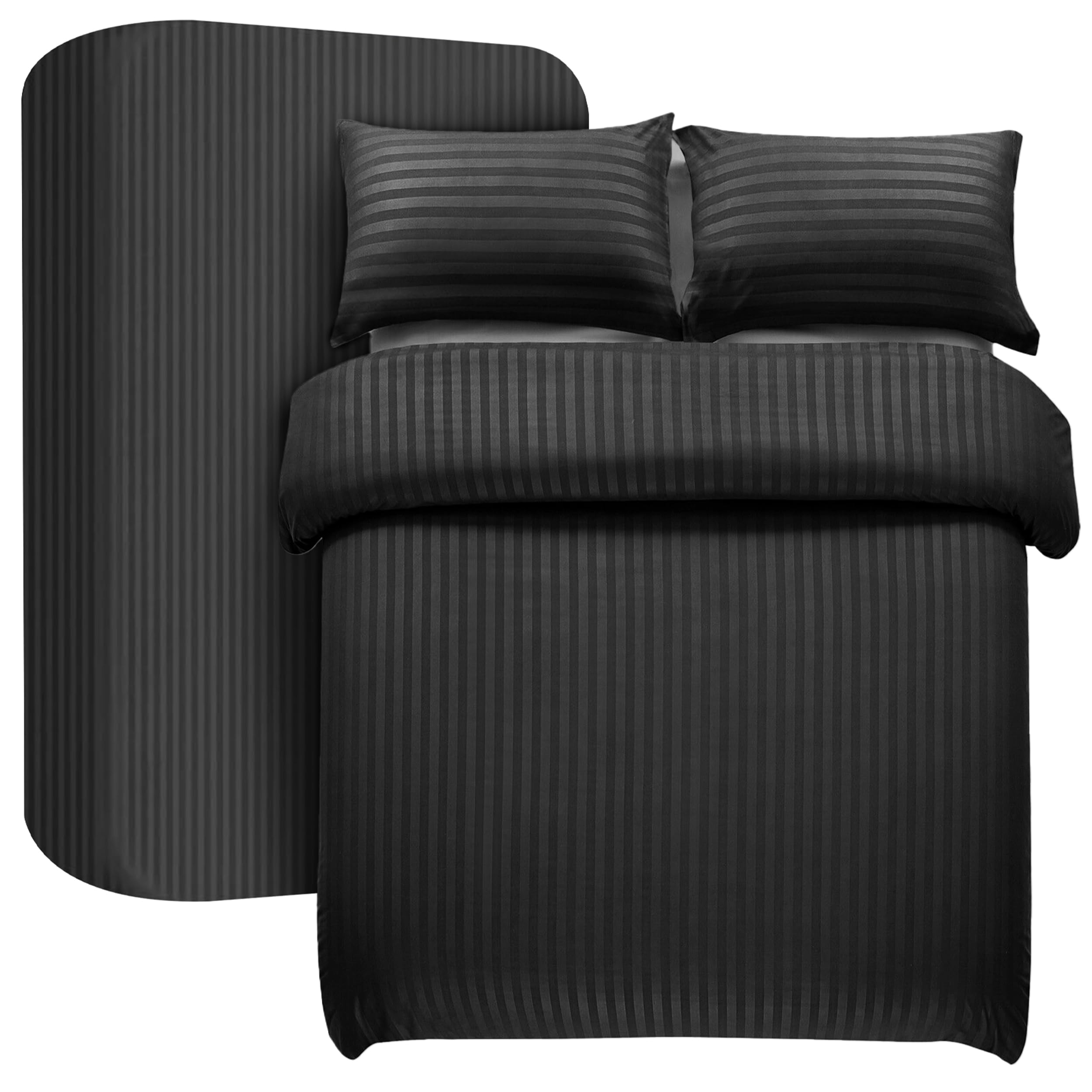 My home store Single Duvet Cover Set 3 Pcs Satin Stripe Duvet Covers Soft Brushed Microfiber Bedding Set with Fitted Sheet 30 CM Deep & 1 Pillow Case (Black)
