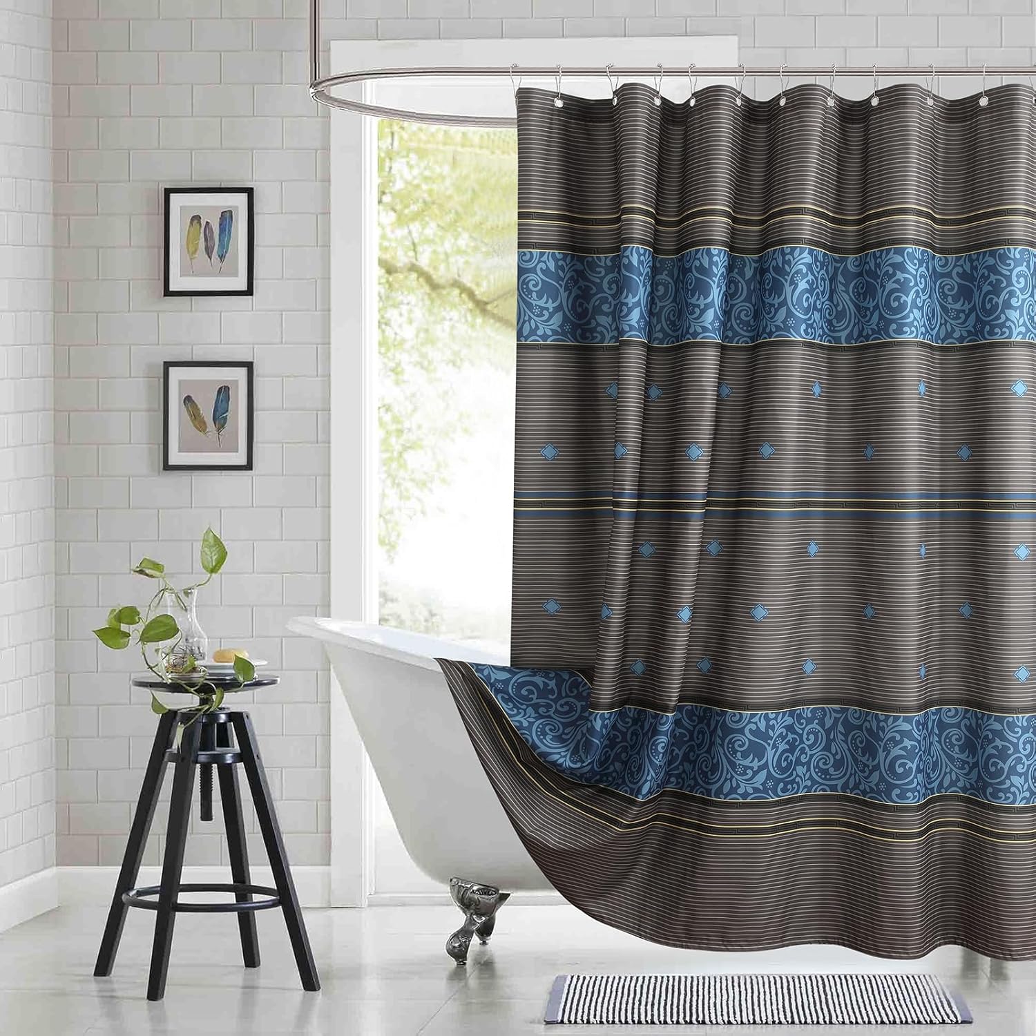 90 Inch Fabric Shower Curtain, Extra Long Brown and Blue Print Waterproof Shower Curtains for Bathroom, 72" W x 90" H