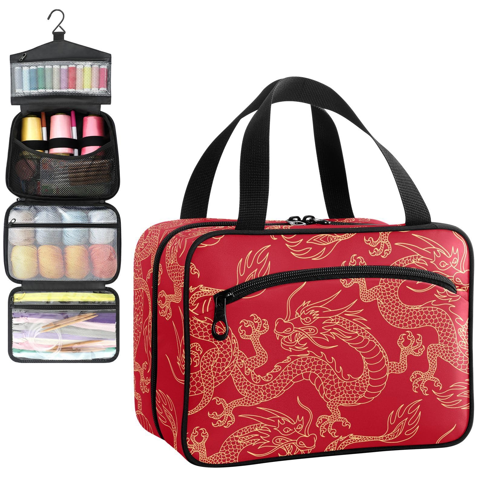 YNNALE Sewing Supply Organizer Bag, Red and Gold Dragon Mythological Legend Animal Portable Sewing Bags with Pockets&Hanger, Sewing Storage Box Case for Sew Supplies/Kit/Tools/Accessories (BAG ONLY)