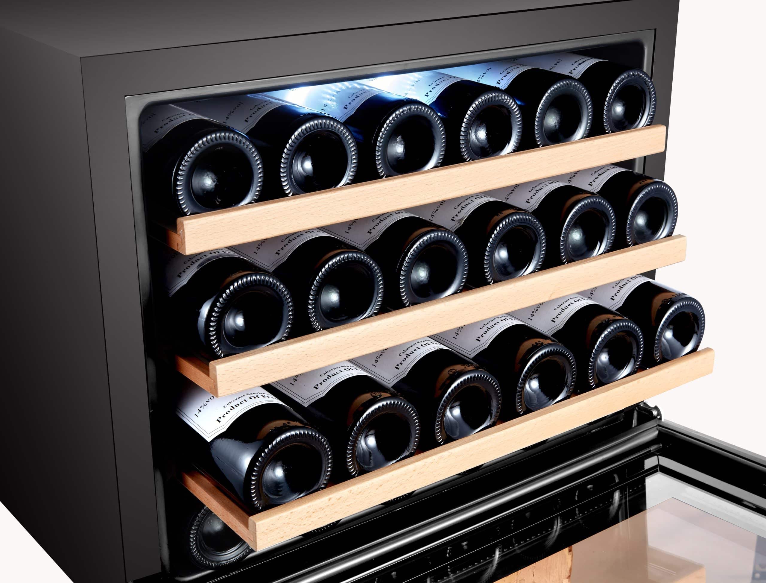 LV22 Einbau-Weinkühlschrank - Einbau-Weinklimaschrank mit 2 Zonen - Vollglas-Designtür, 22 Flaschen, 41 dB, 60 cm breit und 3 ausziehbare Schubladen aus Buchenholz