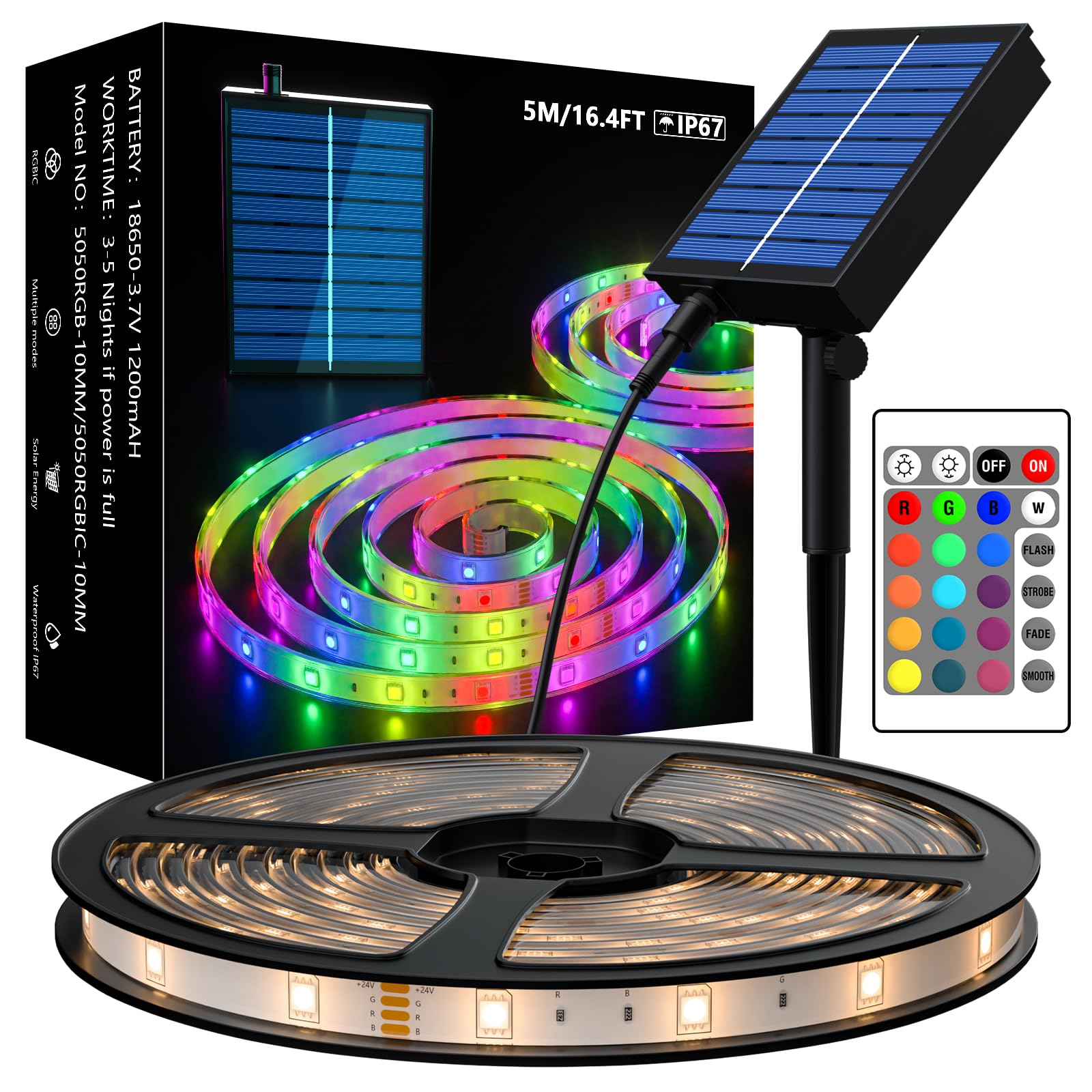 MIHEAL Solar LED Strip Outdoor, 16.4ft SMD 5050 LED Lights, Solar Powered RGB Colour Changing LED Strip, IP67 Waterproof Decorative Fairy Lights for Yard Trees Garden