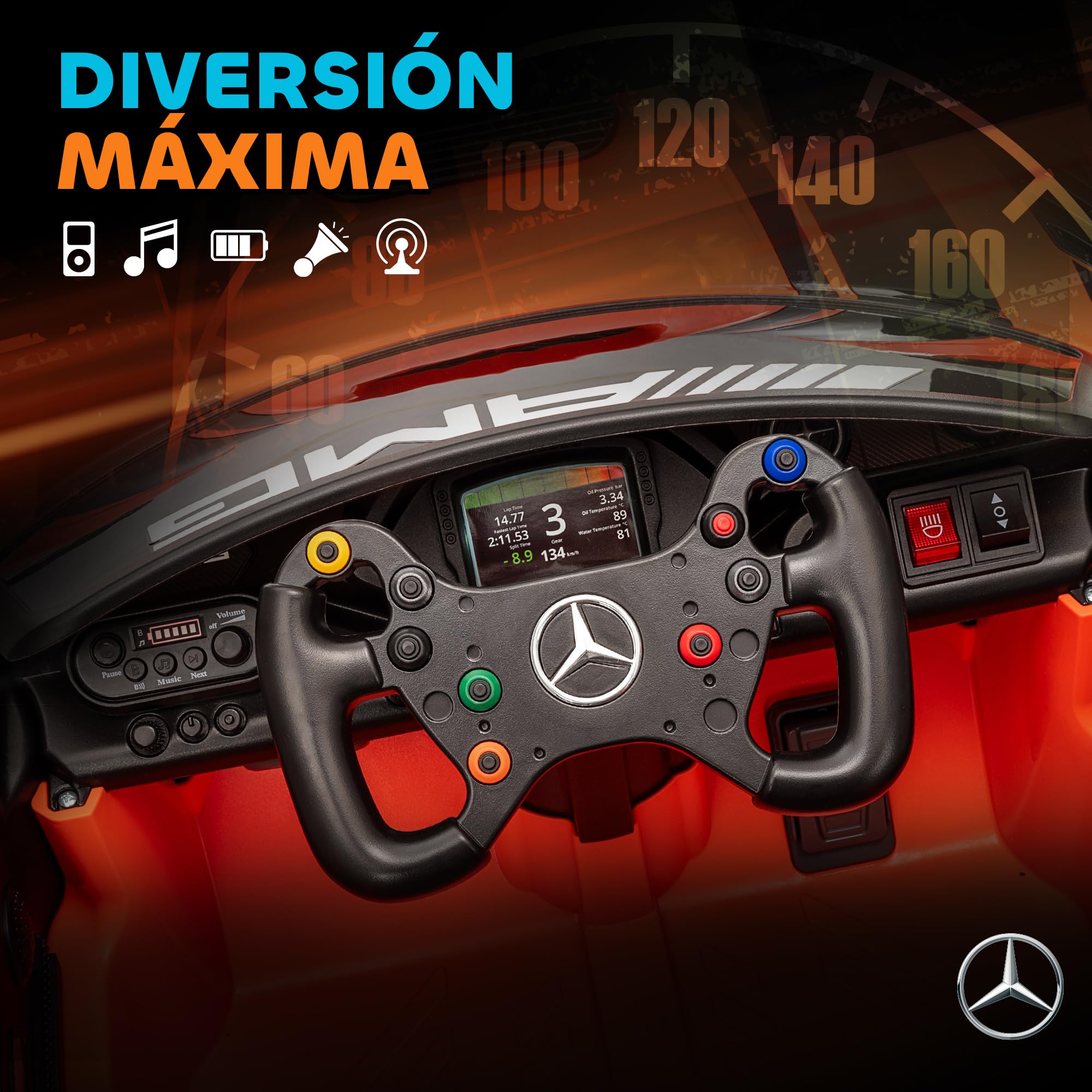 AIYAPLAY Coche Eléctrico para Niños Mercedes-AMG GT3 EVO 12V Faros Naranja | Mando a Distancia 2,4 G, Motor Doble, Ruedas Auxiliares, Asa de Arrastre, Música Inalámbrica