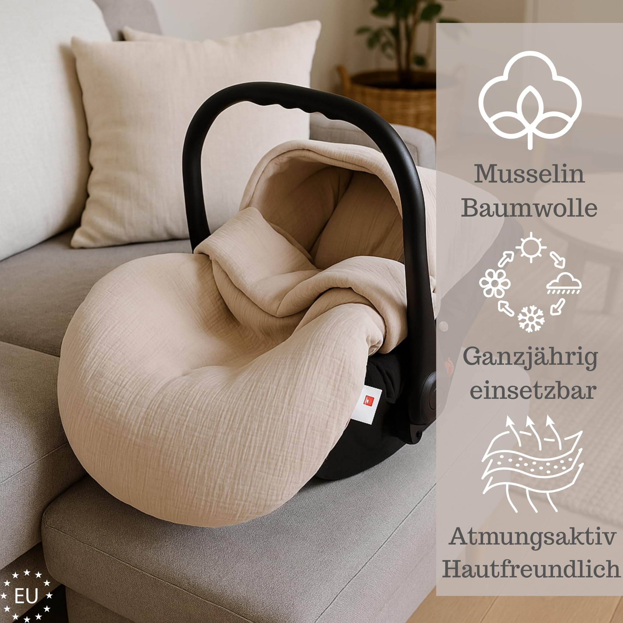 BabyLux Fußsack 90cm für Babyschale, Kinderwagen & Buggy, Minky, warm & weich, Musselin Beige