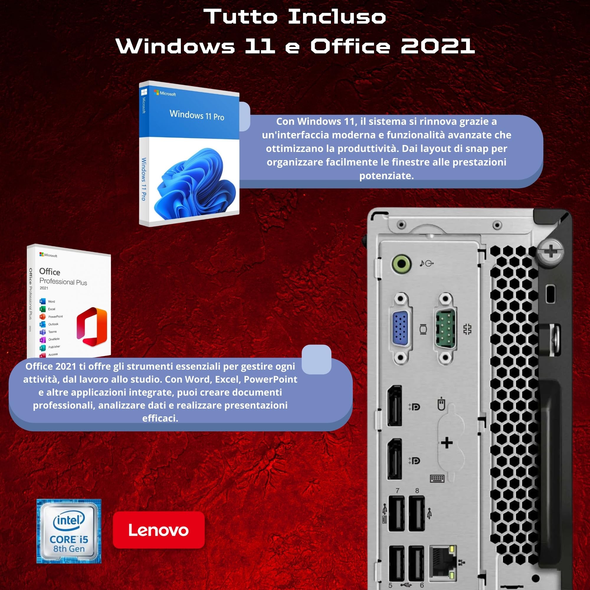 Lenovo Postazione ufficio completa Pc Desktop Intel Core i5-8400 | Ram 16GB | SSD 512GB | Monitor 27" ThinkVision c27-40 FullHD Win 11 OFFICE 2021 Professional Garanzia 36 Mesi