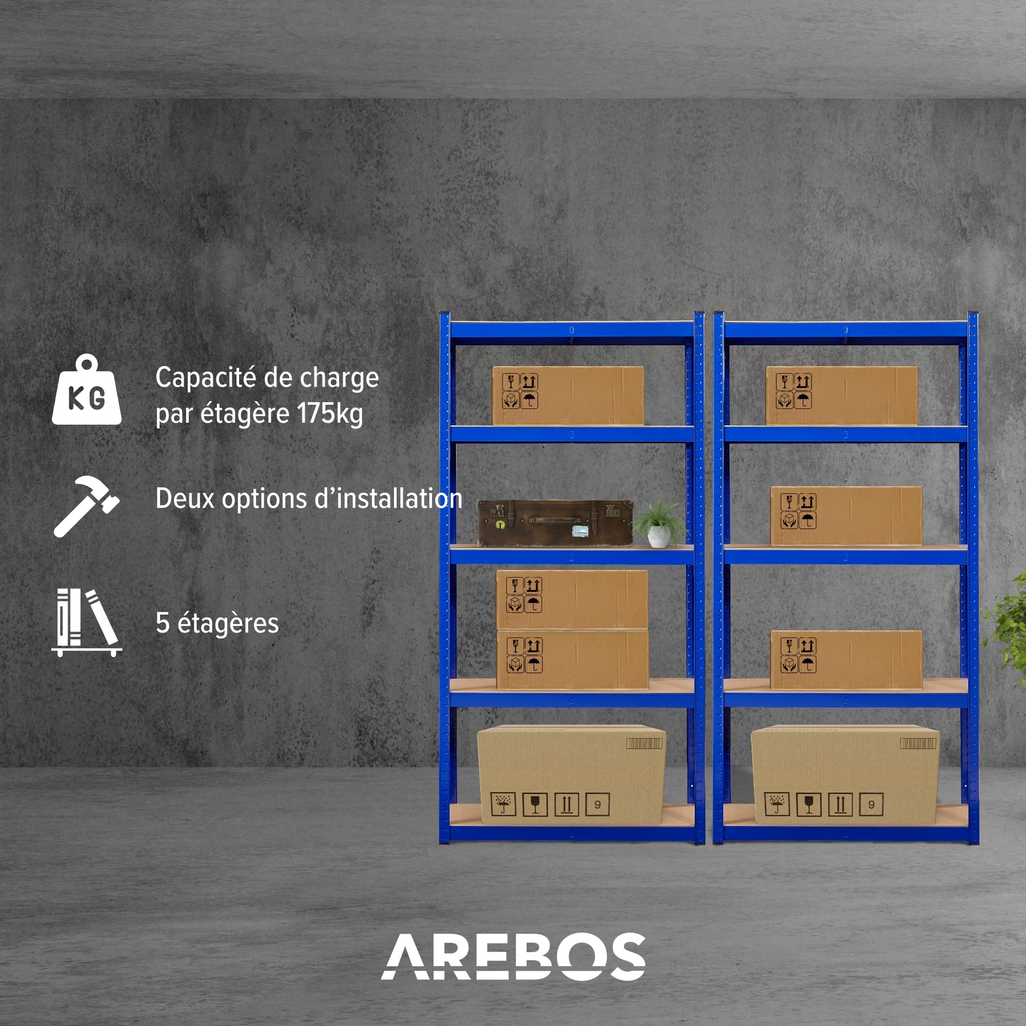 AREBOS Rayonnage Charges Lourdes – Lot de 2 | 180×90×40 cm | Capacité 875 kg par étagère | Structure Acier avec 5 Tablettes MDF | Rayonnage Emboîtable pour Cave, Atelier & Garage | Bleu - 5