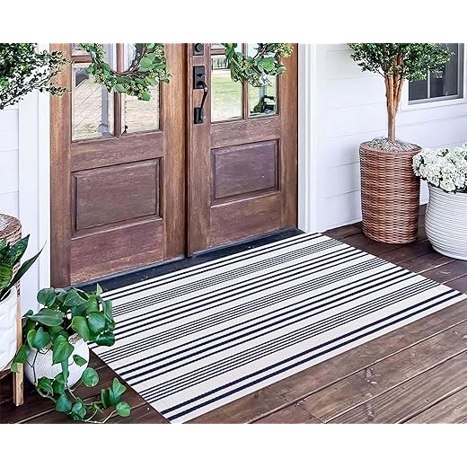 Red and White Striped Outdoor Rug 24'' x 51''Outdoor Front Porch Rug Hand-Woven Machine Washable Indoor/Outdoor Layered Door Mats for Entryway/Bedroom/Outdoor
